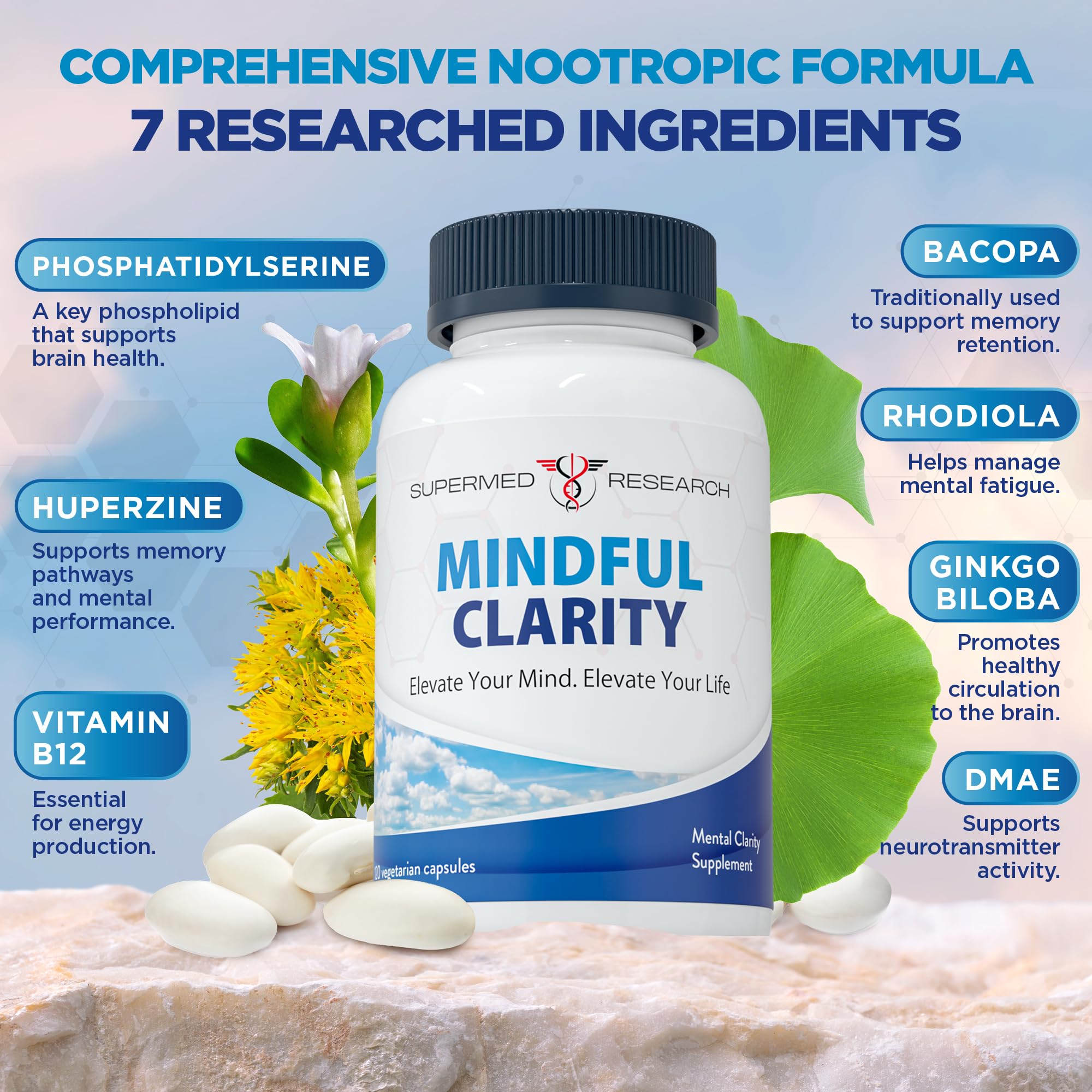 Supermed Research Mental Clarity & Focus Supplement with Bacopa, Rhodiola, Ginkgo Biloba, Huperzine, Vitamin B12, DMAE – Vegan Nootropic Brain Supplement for Memory and Brain Health (120 Capsules) Supermed Research buy supplements canada