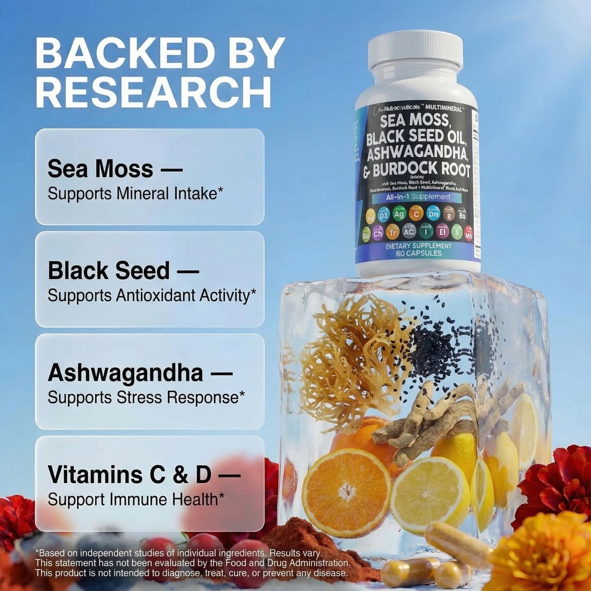 Clean Nutraceuticals Sea Moss Black Seed Oil Ashwagandha Turmeric Bladderwrack Burdock & Vitamin C Vitamin D3 with Elderberry Clean Nutraceuticals buy supplements canada