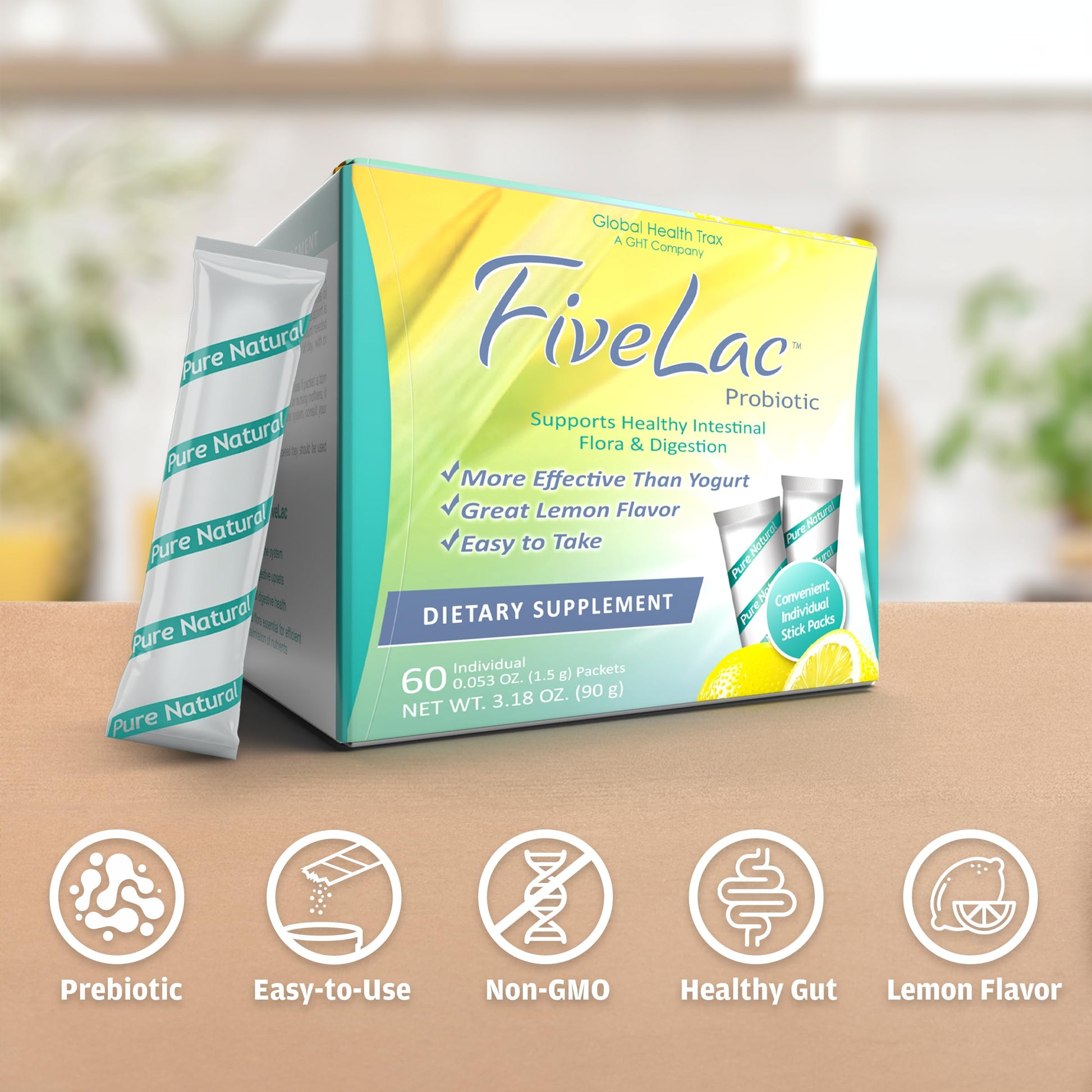 Global Health Trax GHT - FiveLac Lemon Probiotic Powder Drink Mix, Probiotics for Women, Men & Kids - Smooth Digestive Support & Elimination - Relieves Constipation & Gas - 60 Packets (2 Pack) Non-GMO ght Global Health Trax buy supplements canada