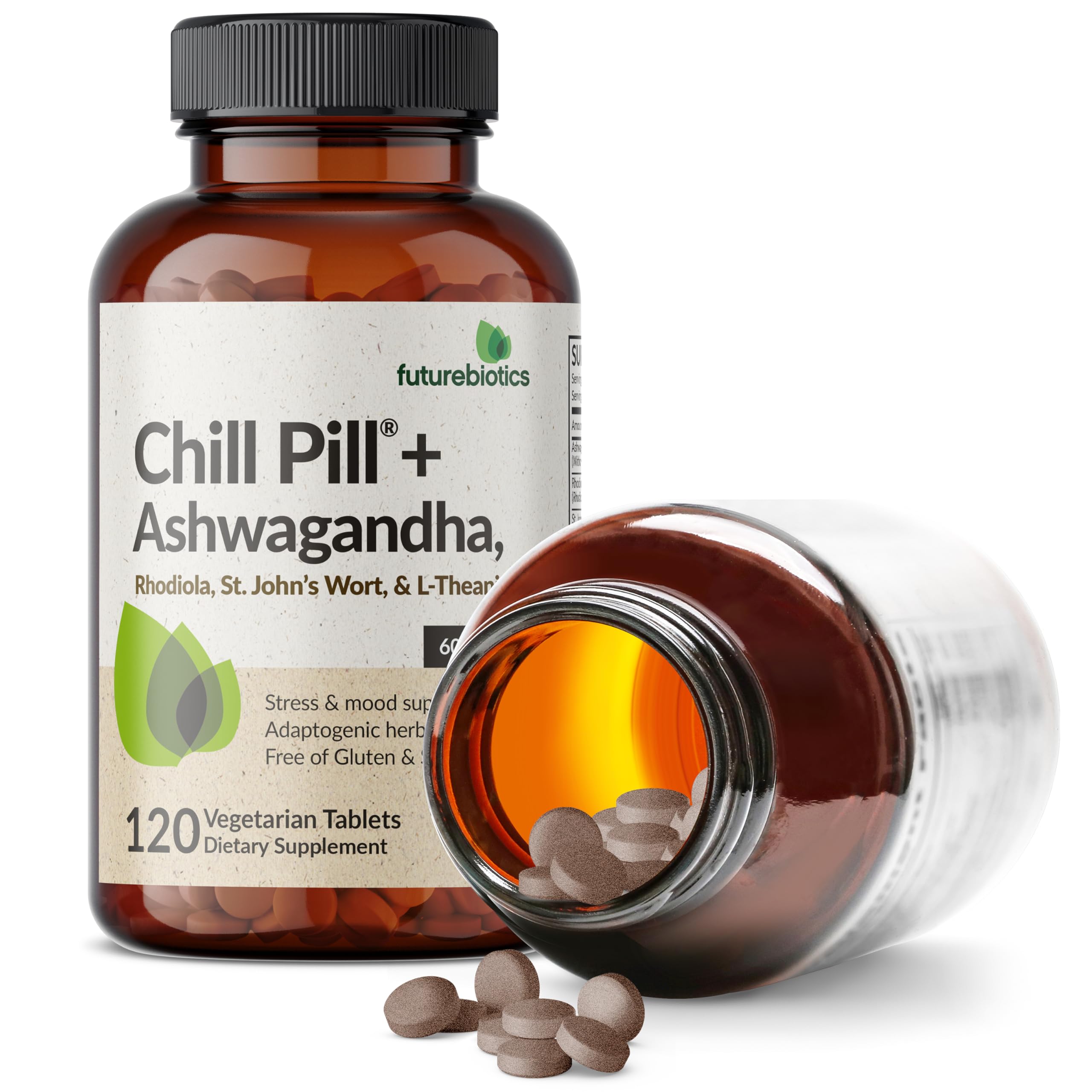Futurebiotics Chill Pill + Ashwagandha, Rhodiola, St. John’s Wort, & L-Theanine - Non-GMO, 120 Vegetarian Tablets
