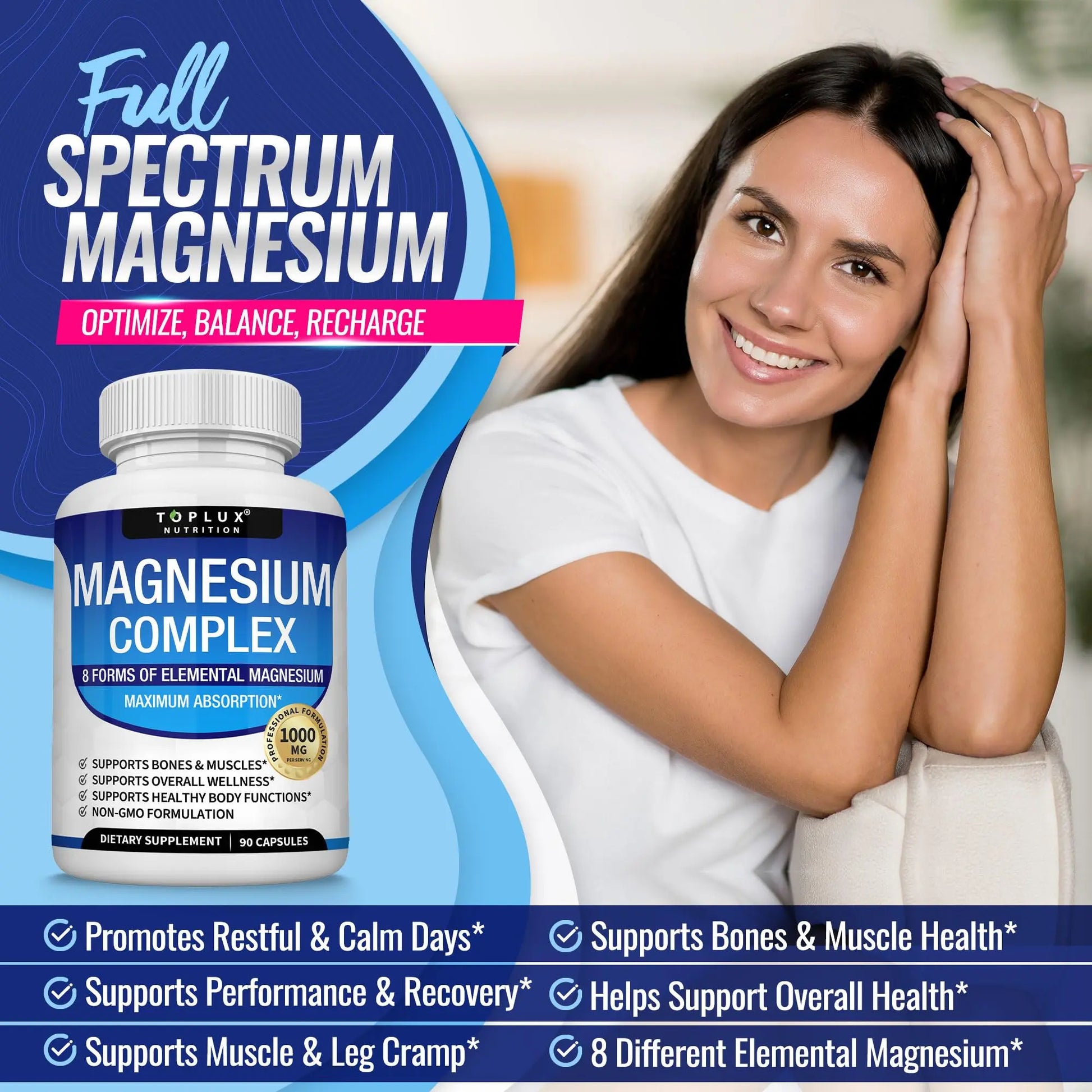 Magnesium Complex Supplement 8 Elemental 1000mg - Magnesium Glycinate, Citrate, Malate, Taurate, Chelated for Easy Absorption for Bones, Muscle, Recovery, Energy, Vegan Non-GMO 90 Capsules Toplux buy supplements canada