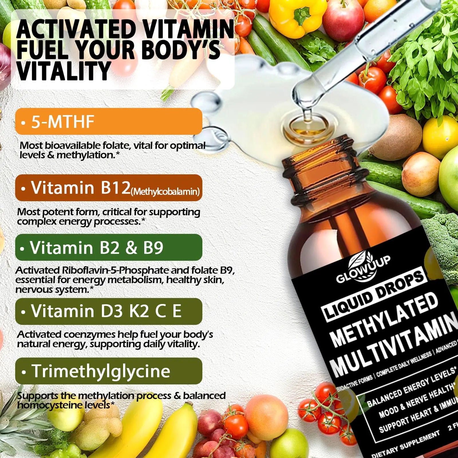 Multivitamin for Women & Men, Methylated Multivitamins & Multiminerals liquid Drops with Methylfolate B12 B2 Vitamin C E D3 K2 GLOVVUUP buy supplements canada