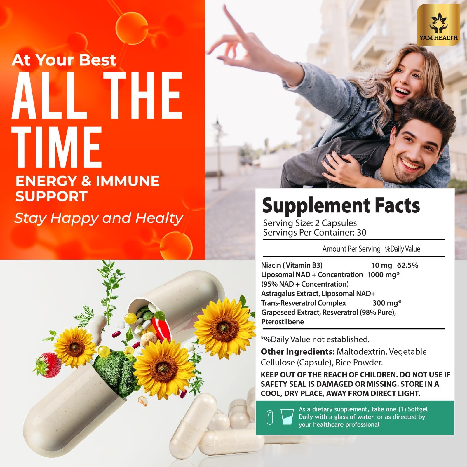 YAM Health Liposomal NAD Nicotinamide Riboside Equivalent with Trans-Resveratrol 300mg, Premium Halal NAD Supplement for Energy Metabolism, DNA Repair and Longevity, Vegan, Non-GMO (60 Count) YAM Health buy supplements canada