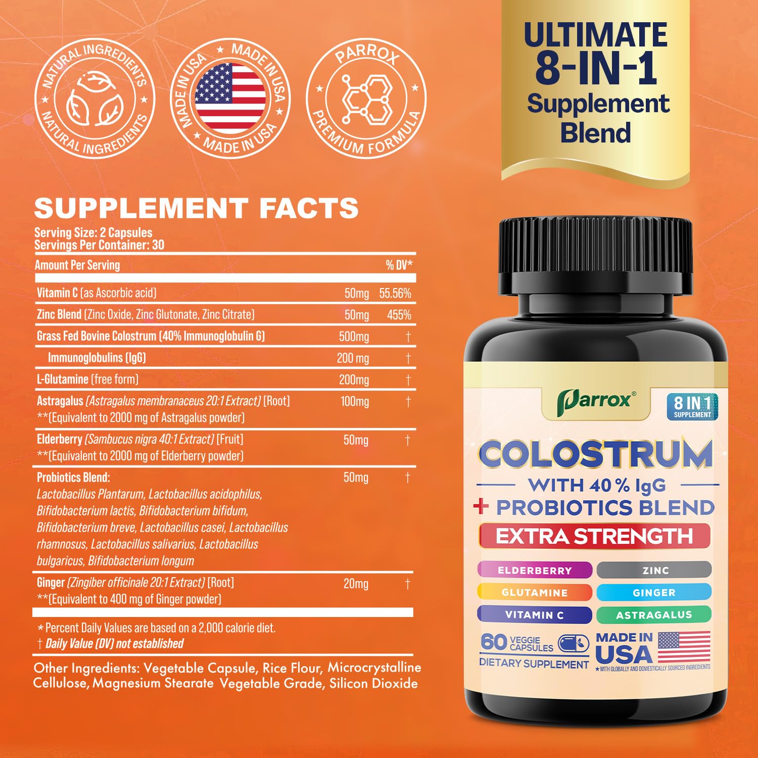 Parrox Colostrum Supplement Capsules, Grass Fed Cow Colostrum with 40% IgG, Probiotics Blend, Elderberry, Astragalus, Zinc, Ginger, Vitamin C, L-Glutamine, 8 in 1 Extra Strength Bovine Boost (60 Caps) Parrox buy supplements canada