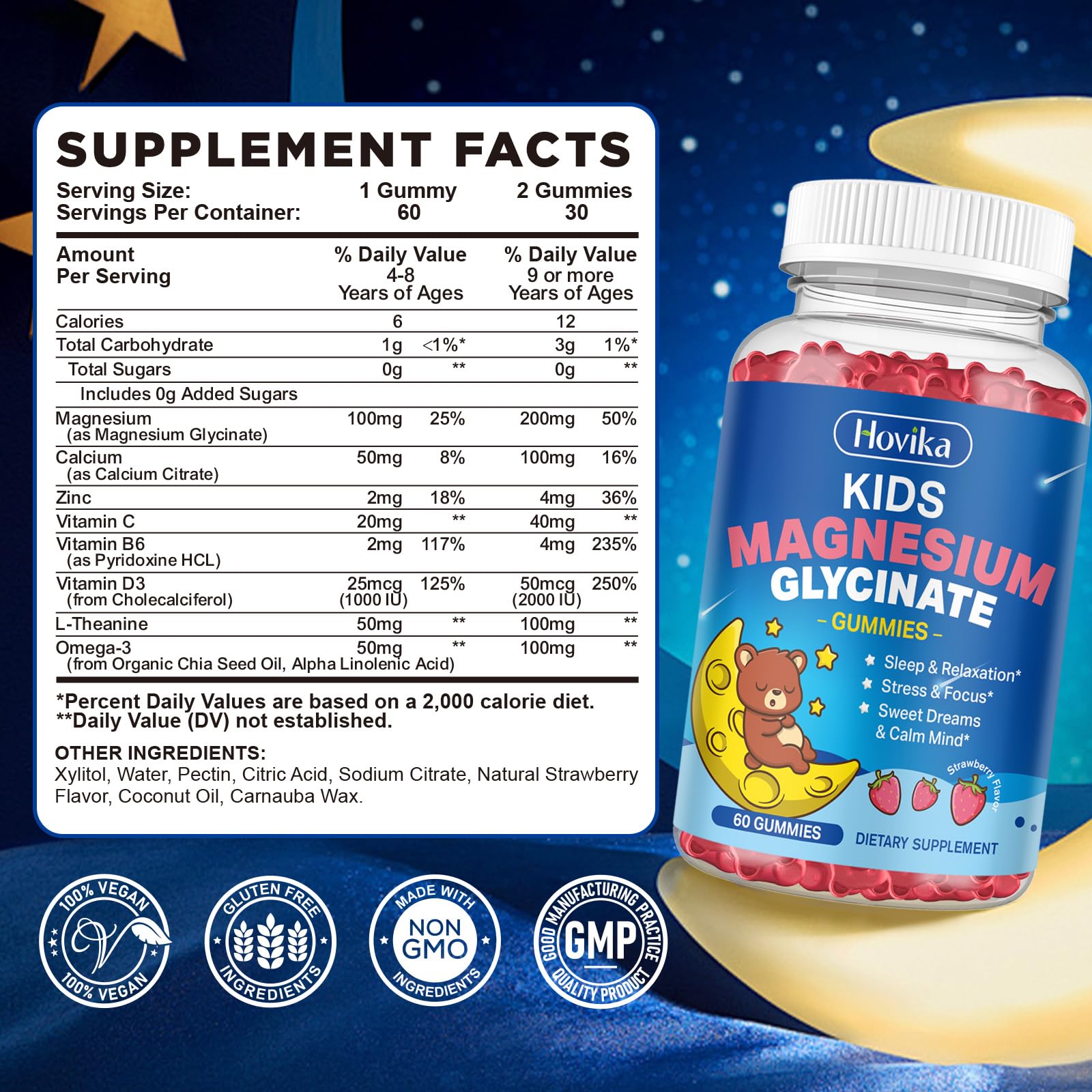 Magnesium Glycinate Gummies for Kids - with L-Theanine, Omega-3, Vitamin B6, D3, Zinc - Kids Magnesium Gummies for Sleep, Relaxation, Calm & Focus - Sugar Free Strawberry 60ct Hovika buy supplements canada