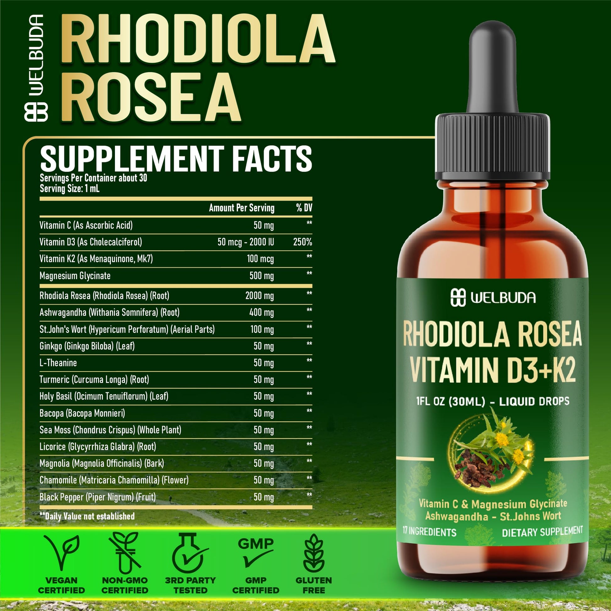 17in1 Rhodiola Rosea Liquid Supplement with Ashwagandha, Magnesium Glycine, L-Theanine, Vitamin C, Vitamin D3, Vitamin K2, Ginkgo, Turmeric, Holy Basil and More - 1 FL Oz - 60 Day Supply WELBUDA buy supplements canada