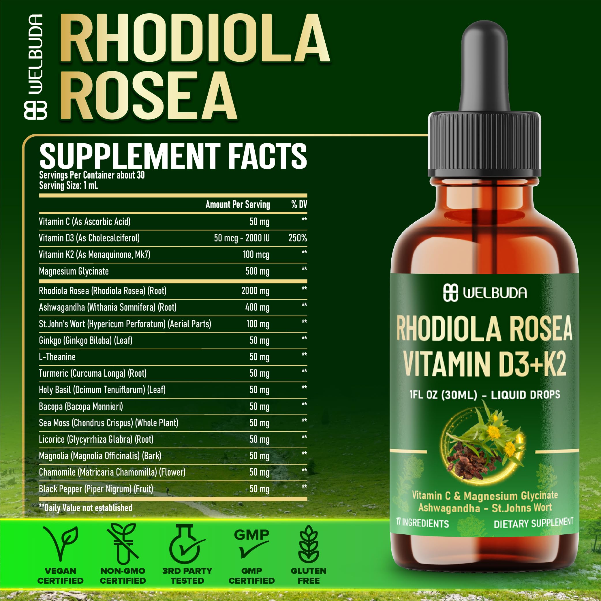17in1 Rhodiola Rosea Liquid Supplement with Ashwagandha, Magnesium Glycine, L-Theanine, Vitamin C, Vitamin D3, Vitamin K2, Ginkgo, Turmeric, Holy Basil and More - 1 FL Oz - 60 Day Supply WELBUDA buy supplements canada