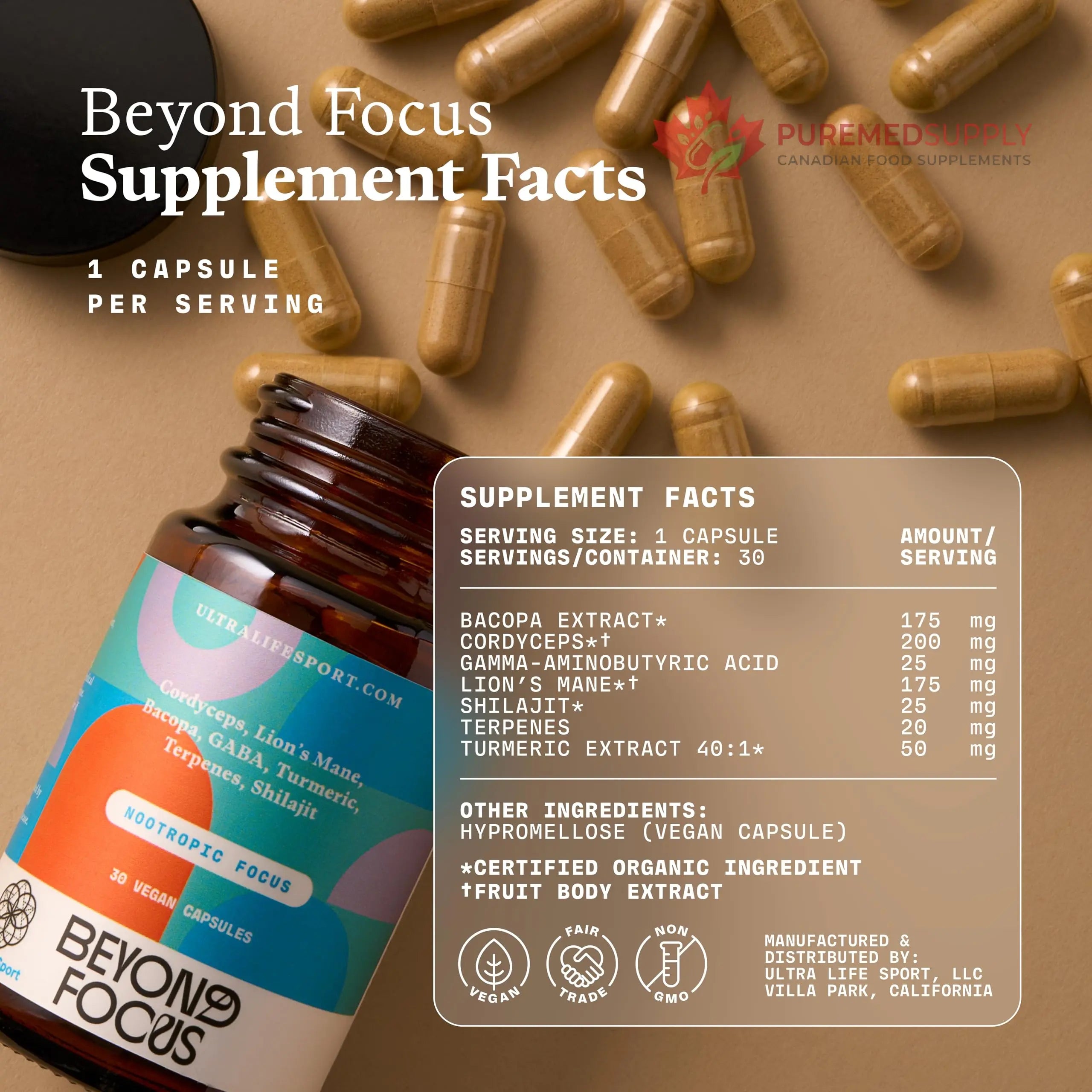 Ultra Life Sport - Beyond Focus Organic Mushroom Supplement - 30 Capsule Brain Supplements for Memory and Focus - 100% Vegan, Non-GMO - Memory Booster with Bacopa, Cordyceps, & Lion’s Mane Ultra Life Sport buy supplements canada