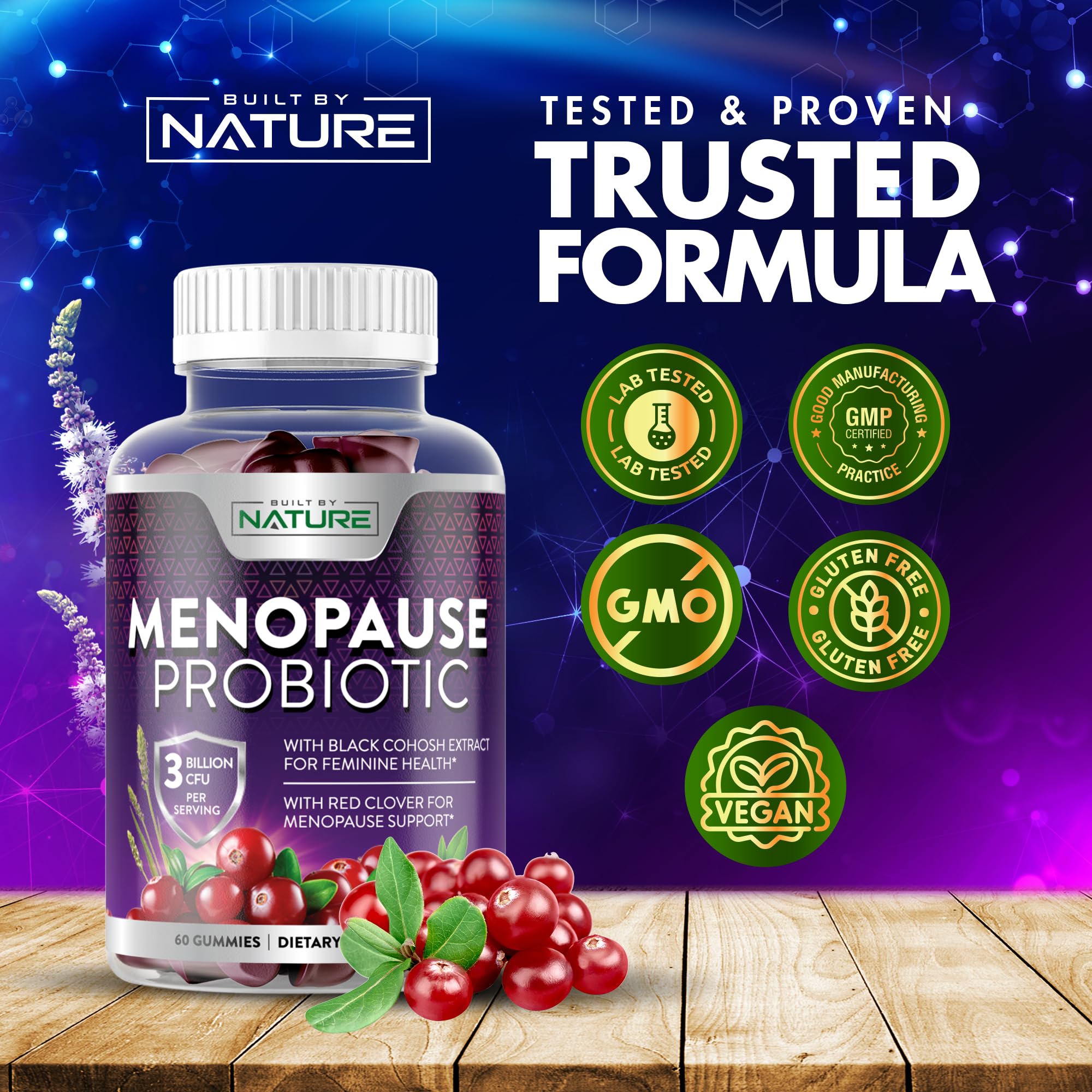 Menopause Supplements for Women - Menopause Probiotic Gummy - Women’s Menopause Relief for Hot Flashes, Night Sweats & Mood Swings with Black Cohosh & Cranberry - Non-GMO, Vegan - 60 Gummies Built by Nature buy supplements canada