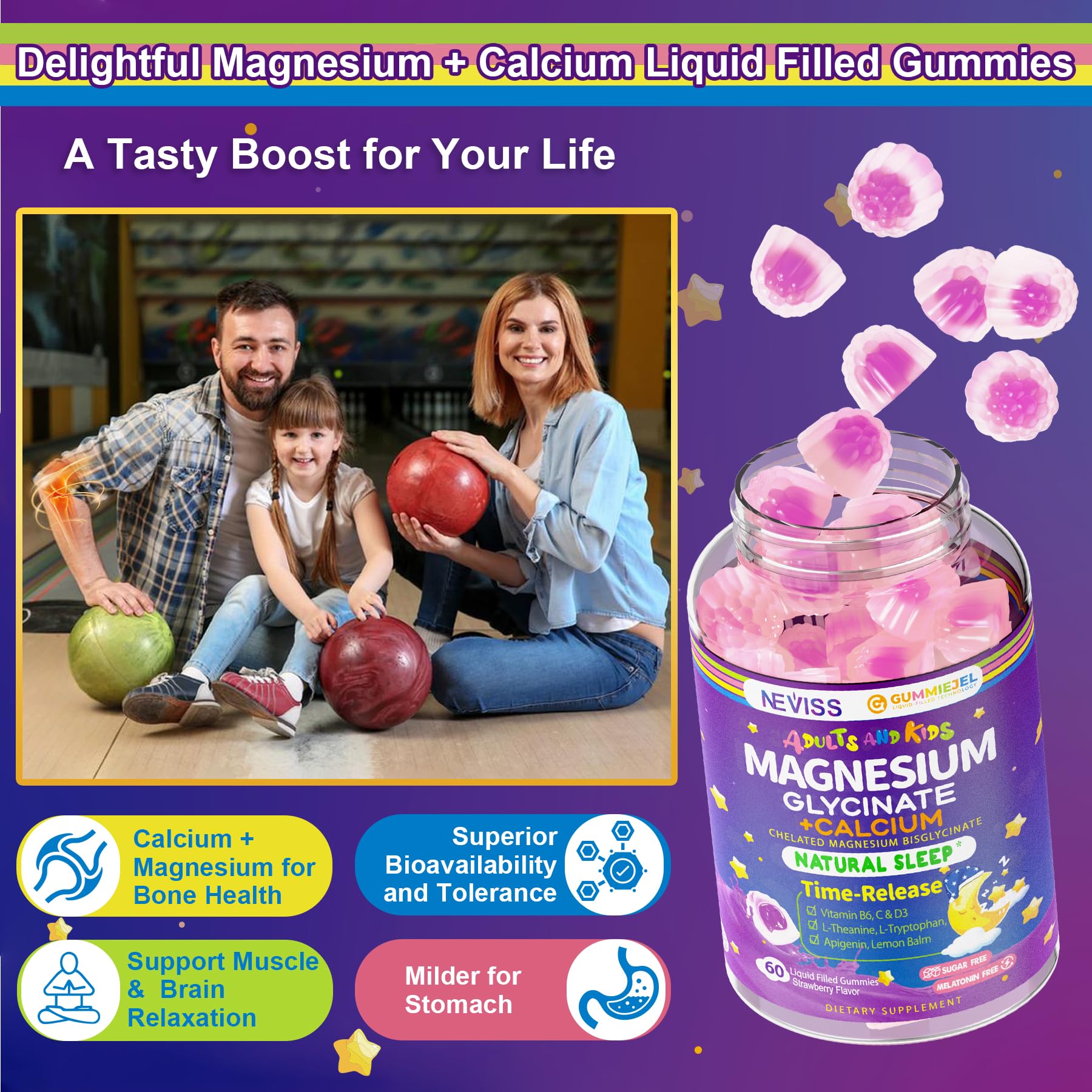 Neviss Magnesium Glycinate + Calcium Filled Gummies for Adults and Kids 4+, Kids Sleep Gummies Melatonin Free, No Sugar Magnesium Supplement w/B6 D3, L-Theanine for Zzz Relax, Brain,Bone,Muscle 2Pack NEVISS buy supplements canada