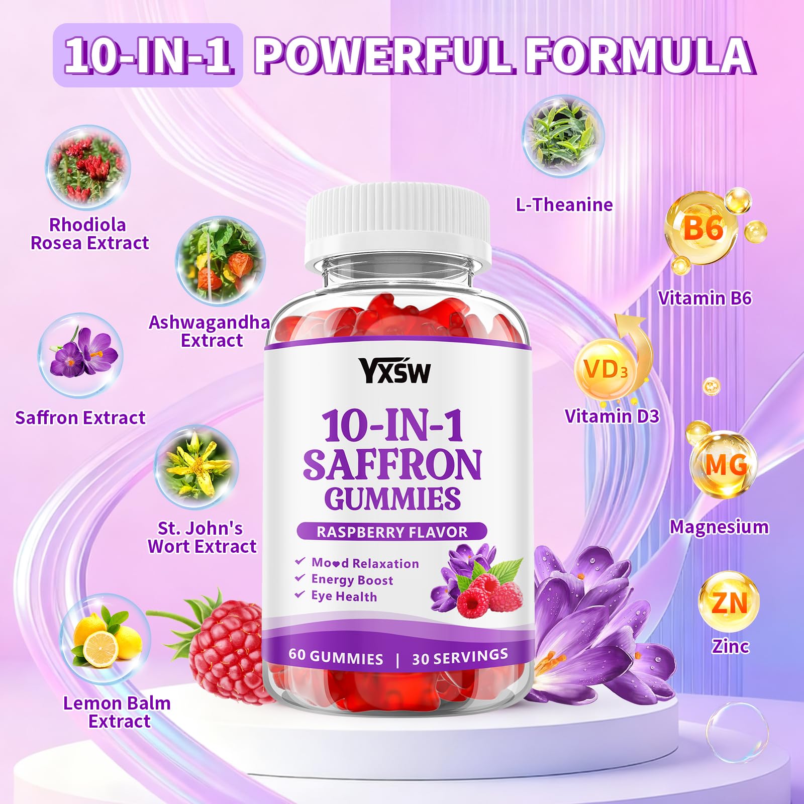 YXSW Saffron Gummies, Saffron Supplements for Kids & Adults with Ashwagandha, L-Theanine, Lemon Balm, Vitamin D3, B6, Magnesium & Zinc - Support Focus, Relaxation, Raspberry Flavor, 120 Count YXSW buy supplements canada
