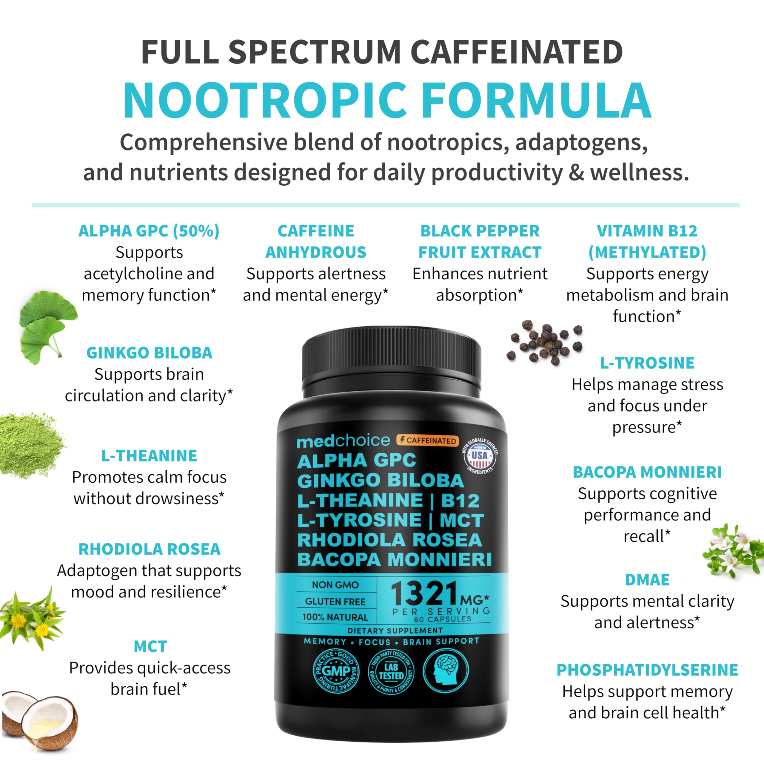 12-in-1 Nootropic Brain Supplement with Caffeine Anhydrous: Ginkgo Biloba for Brain Support, Memory and Focus - B12, Alpha GPC, L Theanine and Choline Supplements with Bioperine with 1321mg (60ct) MEDCHOICE buy supplements canada