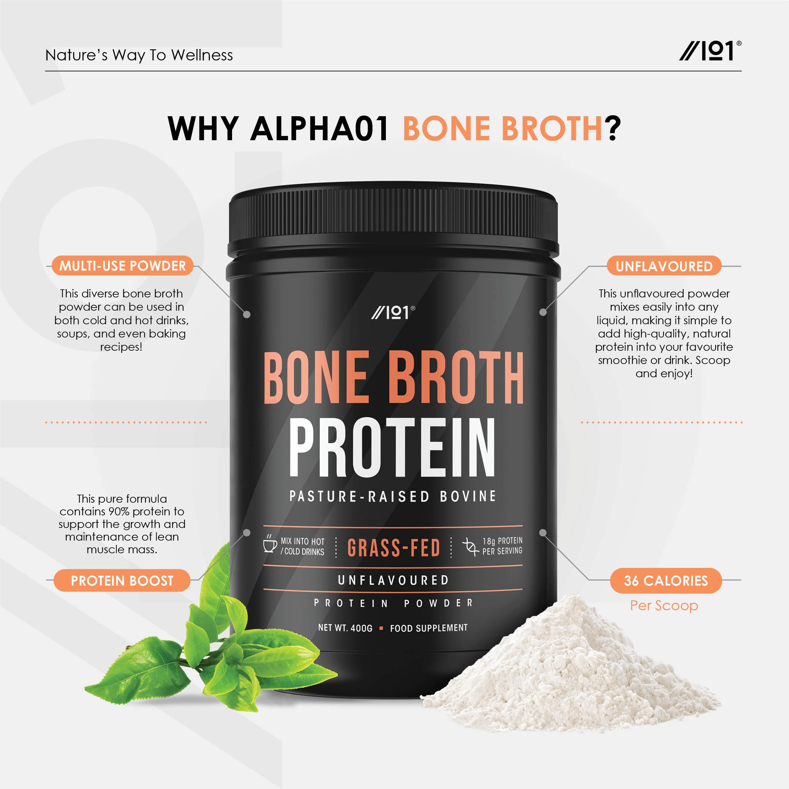 Bone Broth Beef Protein Powder - 400g - Unflavoured - 100% Grass-Fed & Pasture Raised Beef ALPHA01 buy supplements canada