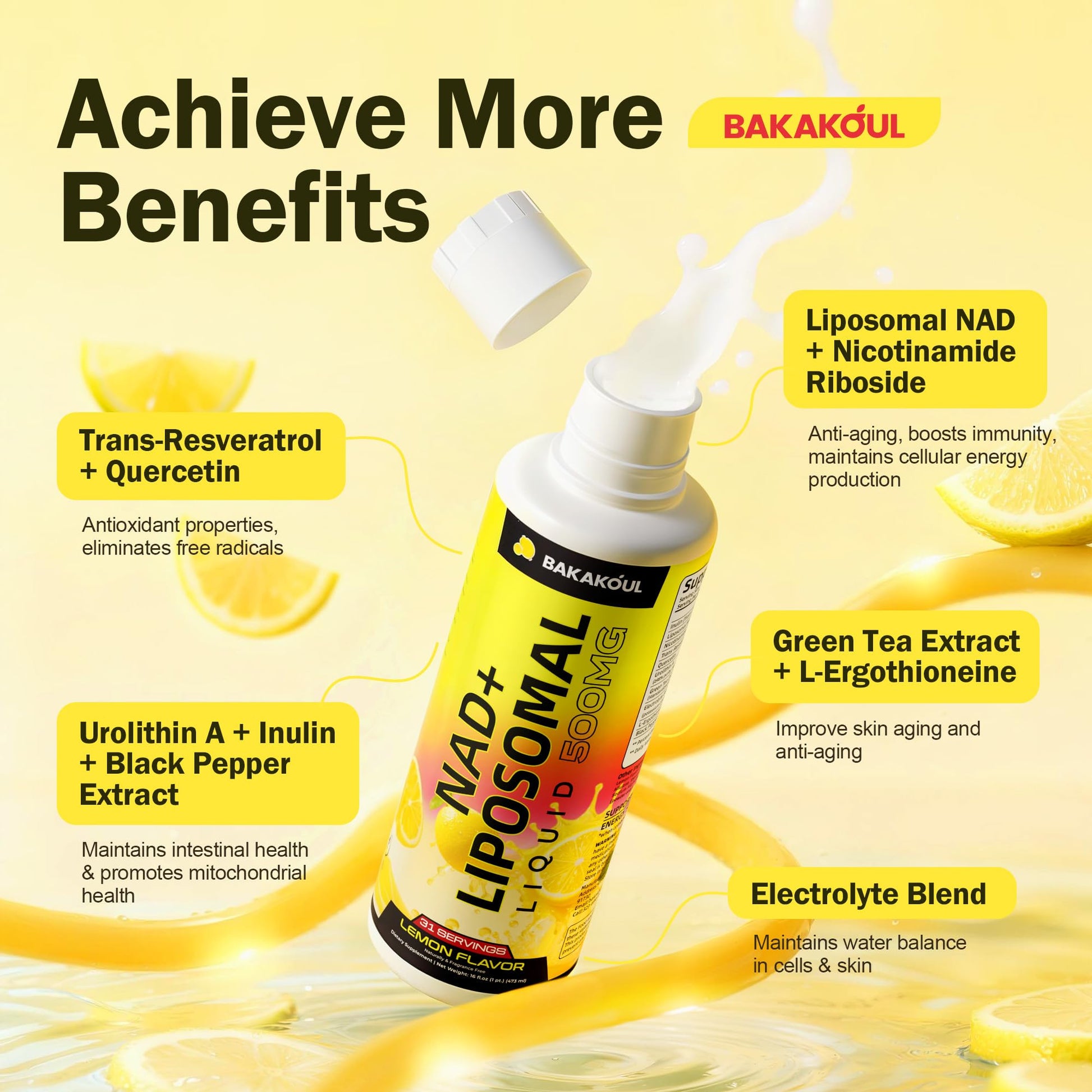 Liposomal NAD+ Liquid Supplement - Designed to Help Support Absorption - Nhanced Cellular Uptake, Helps Support Normal Cellular Health, Supports Cellular Energy Metabolism and Vitality - Lemon Flavor BAKAKOUL buy supplements canada