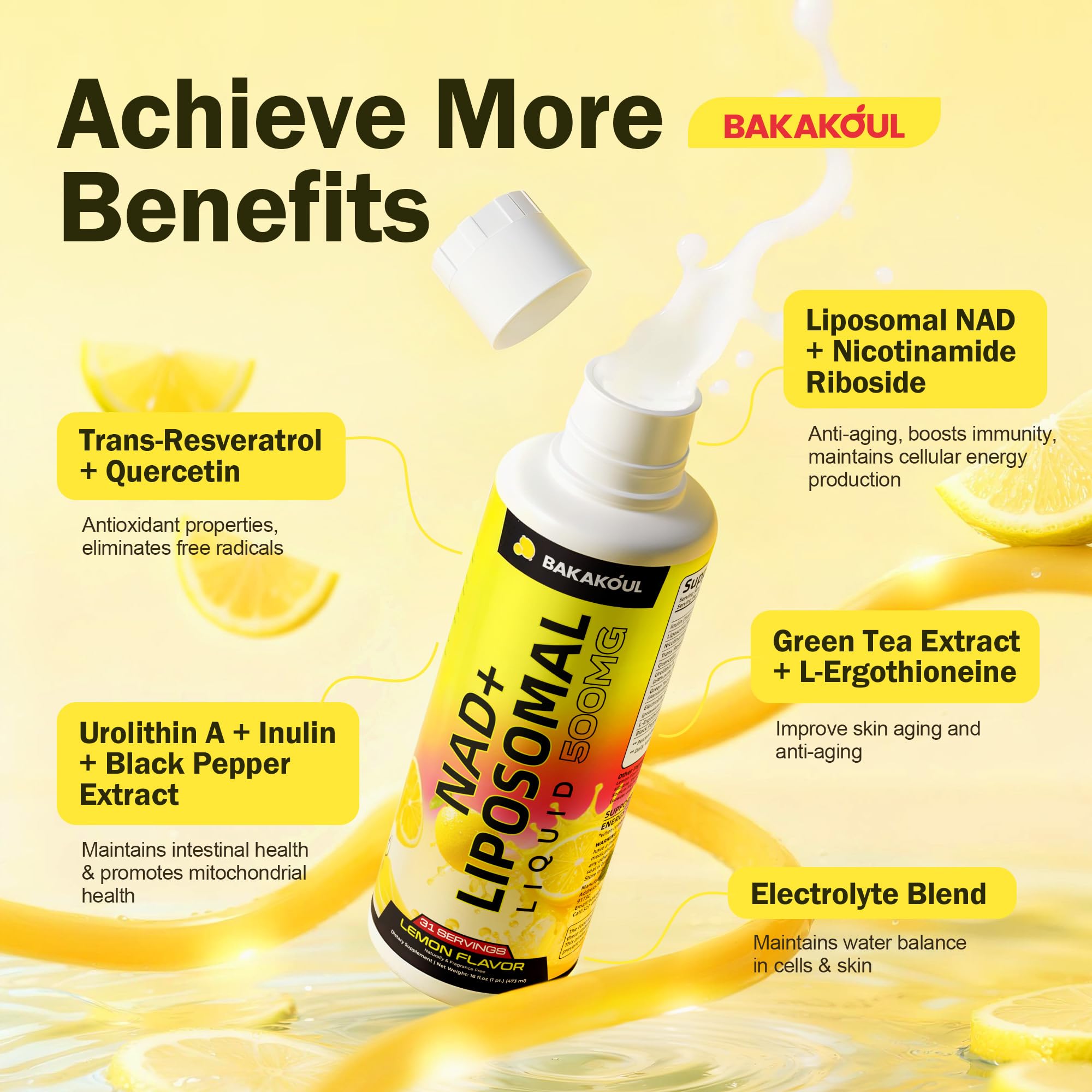 Liposomal NAD+ Liquid Supplement - Designed to Help Support Absorption - Nhanced Cellular Uptake, Helps Support Normal Cellular Health, Supports Cellular Energy Metabolism and Vitality - Lemon Flavor BAKAKOUL buy supplements canada