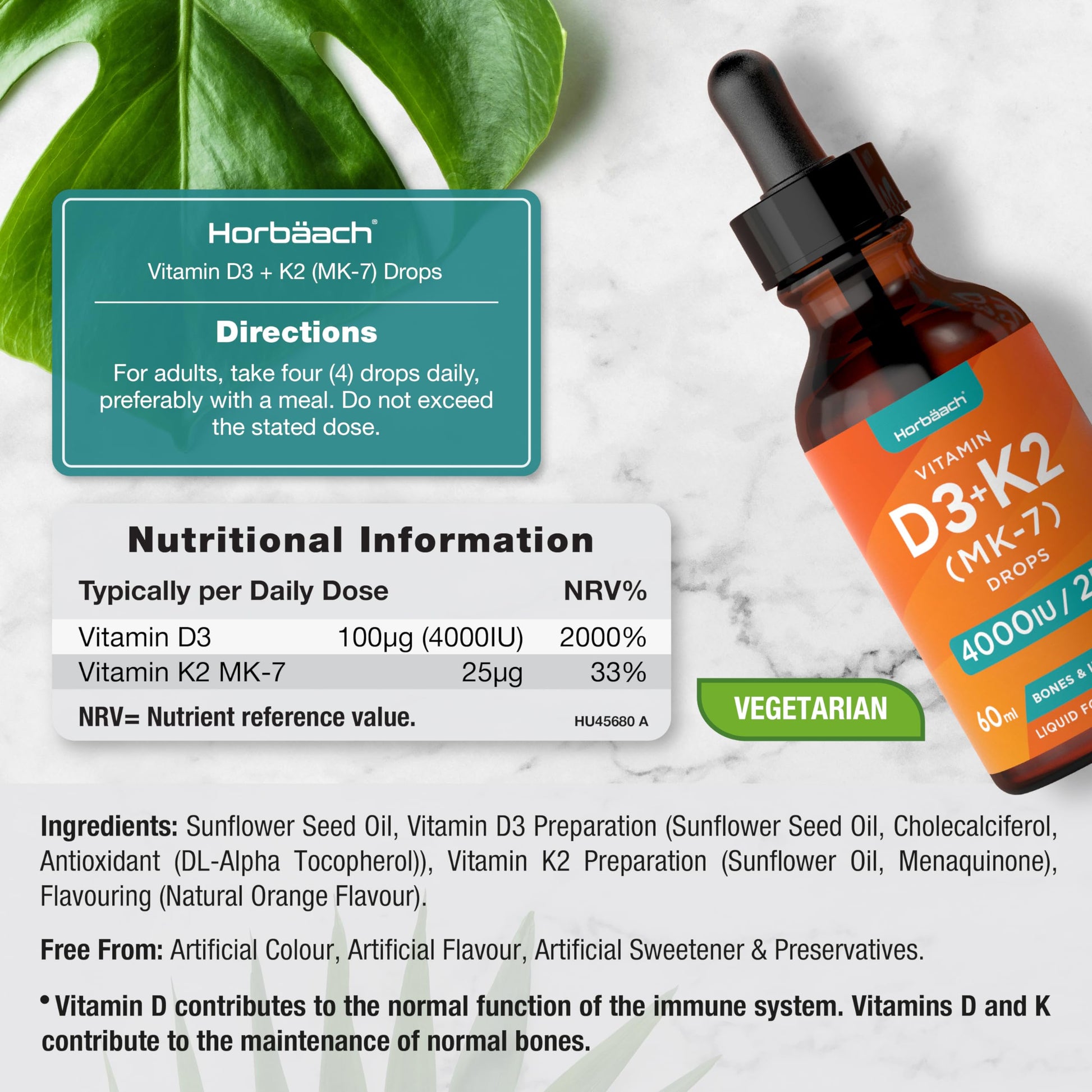 Vitamin D3 K2 Drops | 60mL | High Strength Vitamin D3 4000iu and K2 25ug | No Artificial Horbäach buy supplements canada