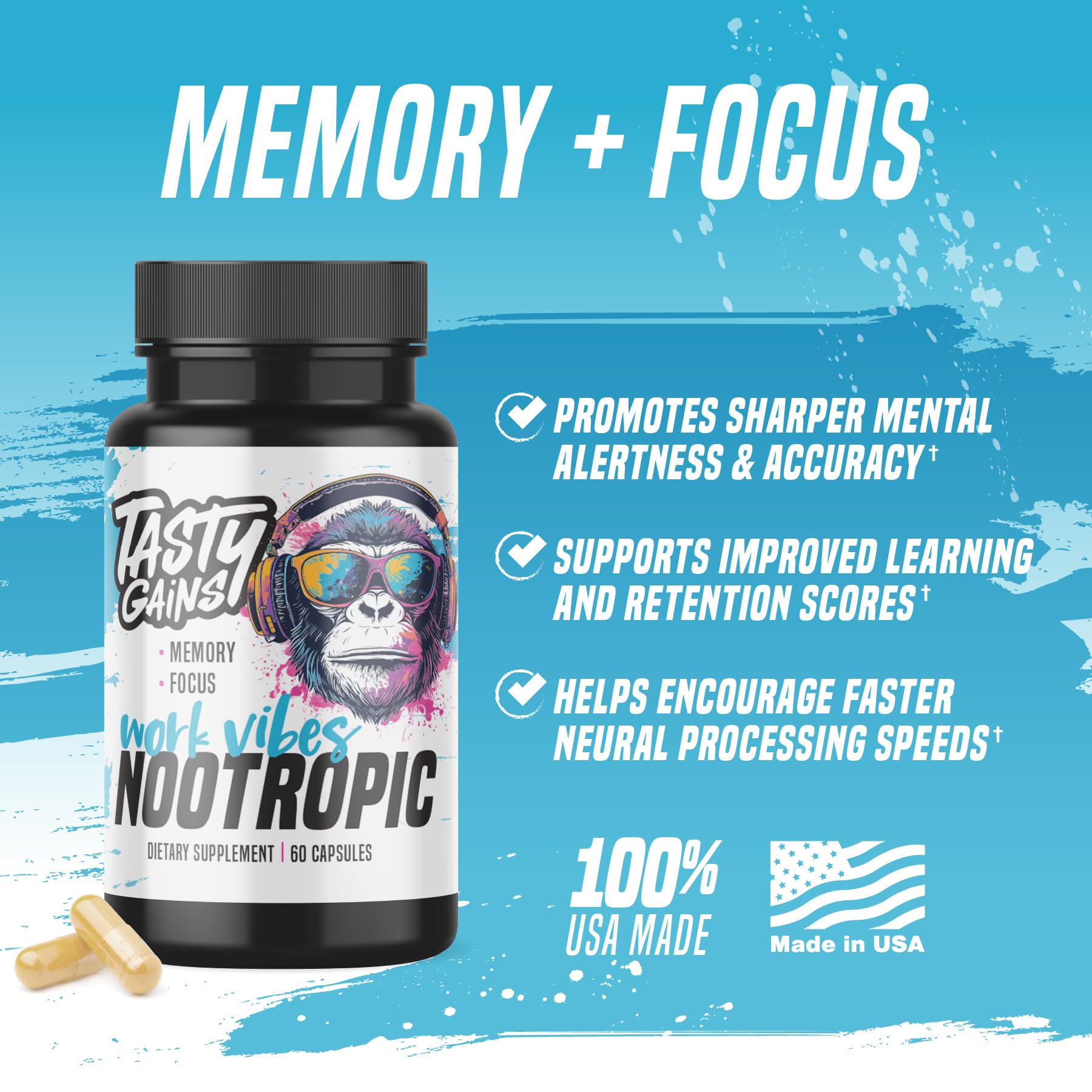 Nootropic Brain Supplement for Memory and Focus - Vitamin for Mental Health & Brain Health with L-Theanine, Rhodiola Rosea & Phosphatidylserine - Memory, Mental Clarity & Cognitive Improvement - 60 Ct TASTY GAINS buy supplements canada
