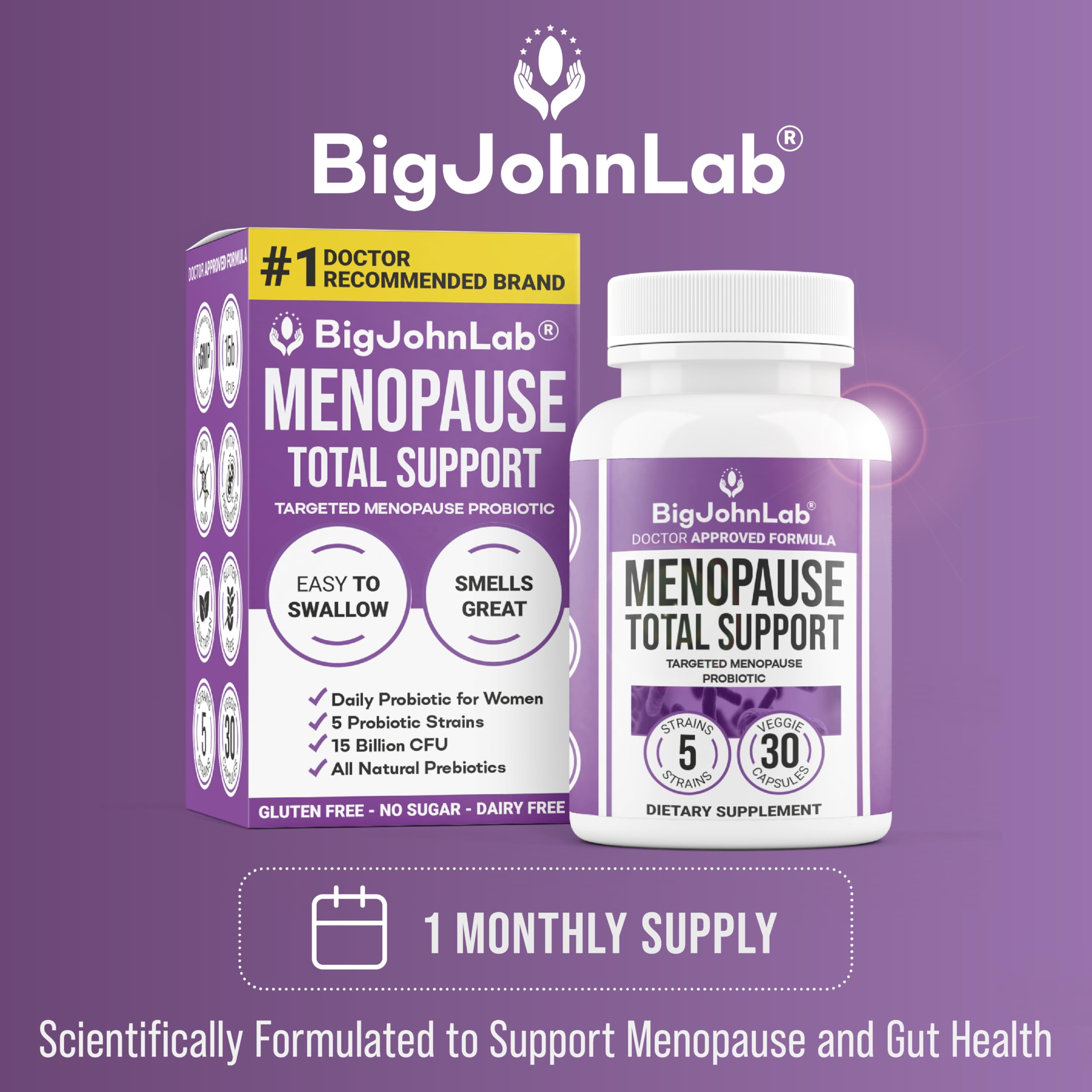 BIGJOHNLAB® - Menopause Total Support – Advanced Probiotic Formula with 5 Strains & 15 Billion CFU, Resveratrol, Black Cohosh, Acacia Fiber, Non-GMO & 100% Vegetarian BIGJOHNLAB buy supplements canada