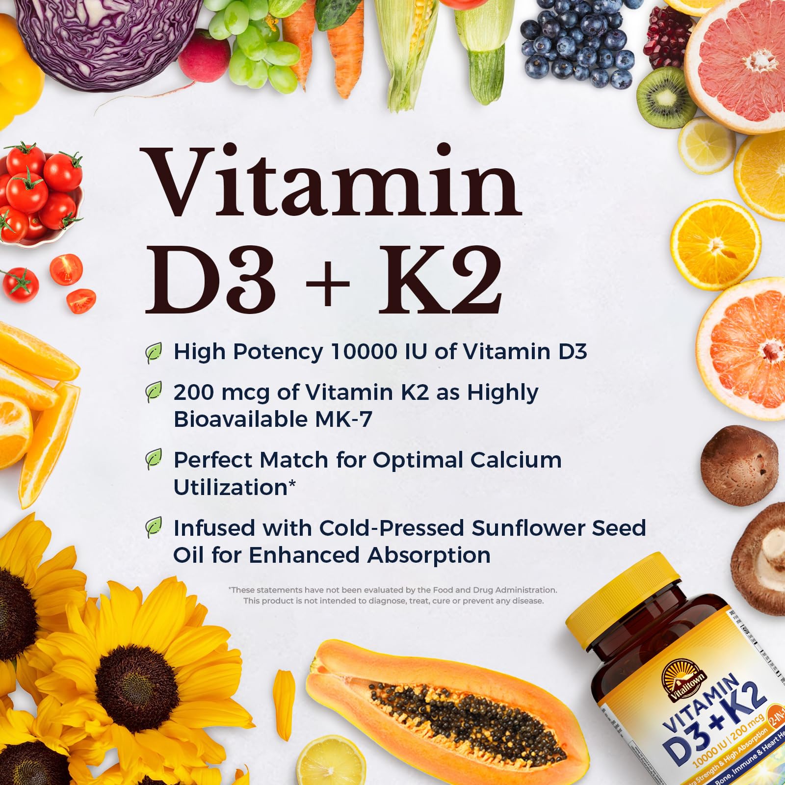Vitalitown Vitamin D3 K2 Supplement, Vitamin D3 10000 IU Vitamin K2 (MK7) 200 mcg, 90 Softgels, Non-GMO, No Gluten & Soy Vitalitown buy supplements canada