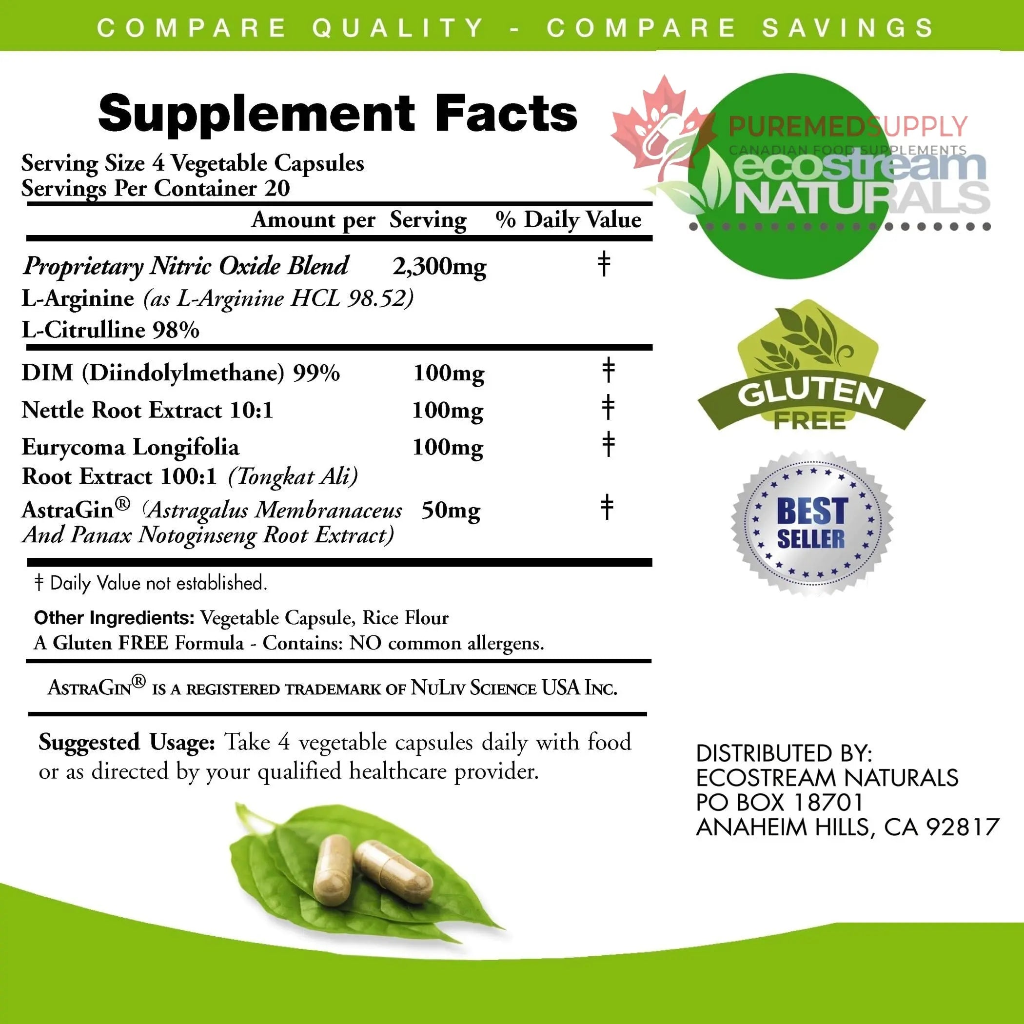 ecostream Naturals MAX 2650mg Nitric Oxide Booster L-Arginine - L-Citruline and Astragin - Time Release 2650 MAX Formula ecostream Naturals buy supplements canada