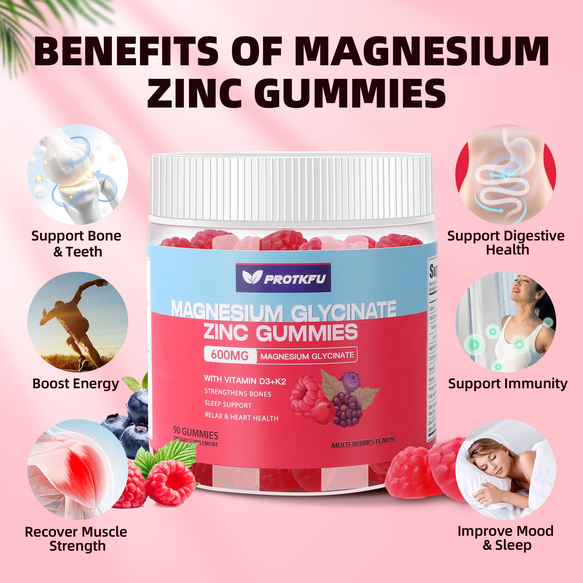 90 CT Magnesium Glycinate Gummies 600mg, Sugar Free Magnesium Gummies w/Zinc & Vitamin D3 & K2 - Magnesium Supplements for Sleep, Supports Bone Health, Nerve & Immune Function ProTKFU buy supplements canada