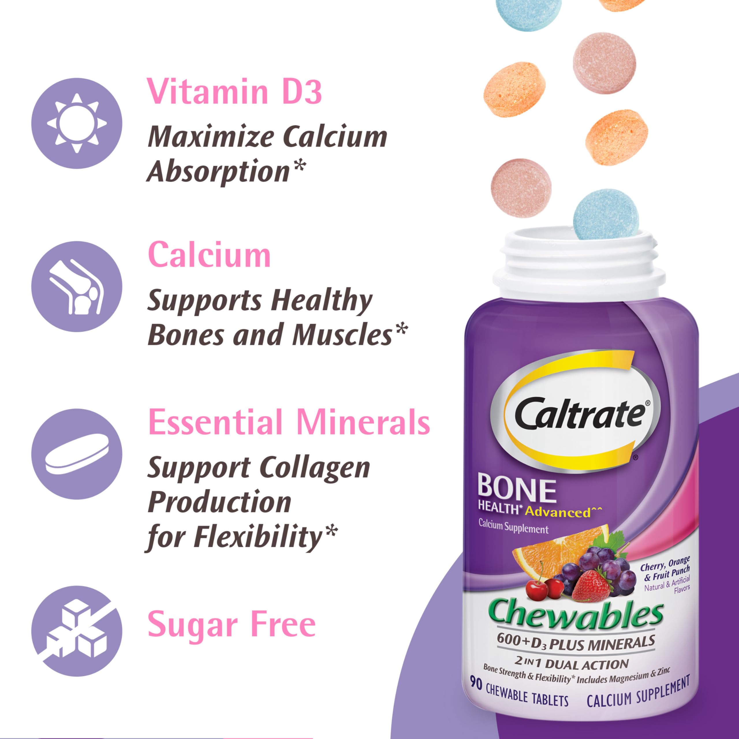 Caltrate Chewables 600 +D3 Plus Minerals Calcium and Vitamin D, Sugar Free, Cherry, Orange and Fruit Punch, 155 count Caltrate buy supplements canada