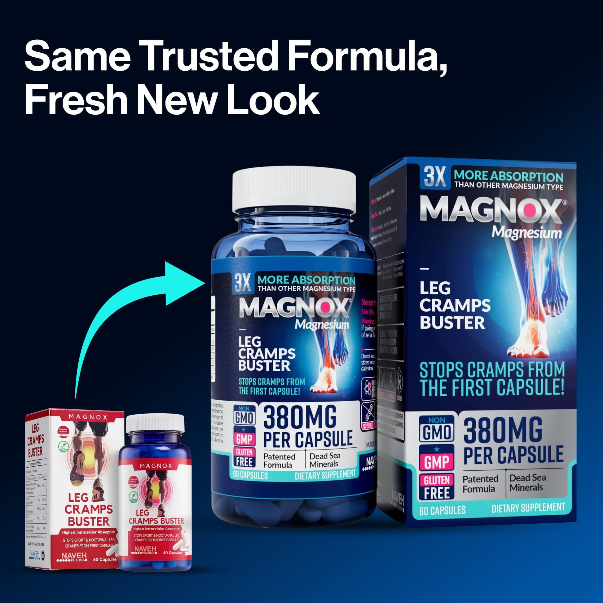 MAGNOX® Buster | Patented Clinically Tested 380mg Magnesium Supplement for Spasms & Leg Cramps at Night | One Capsule a Day for Almost Full Dosage | 3X More Absorption | Dead Sea Minerals (60 Caps) MAGNOX buy supplements canada