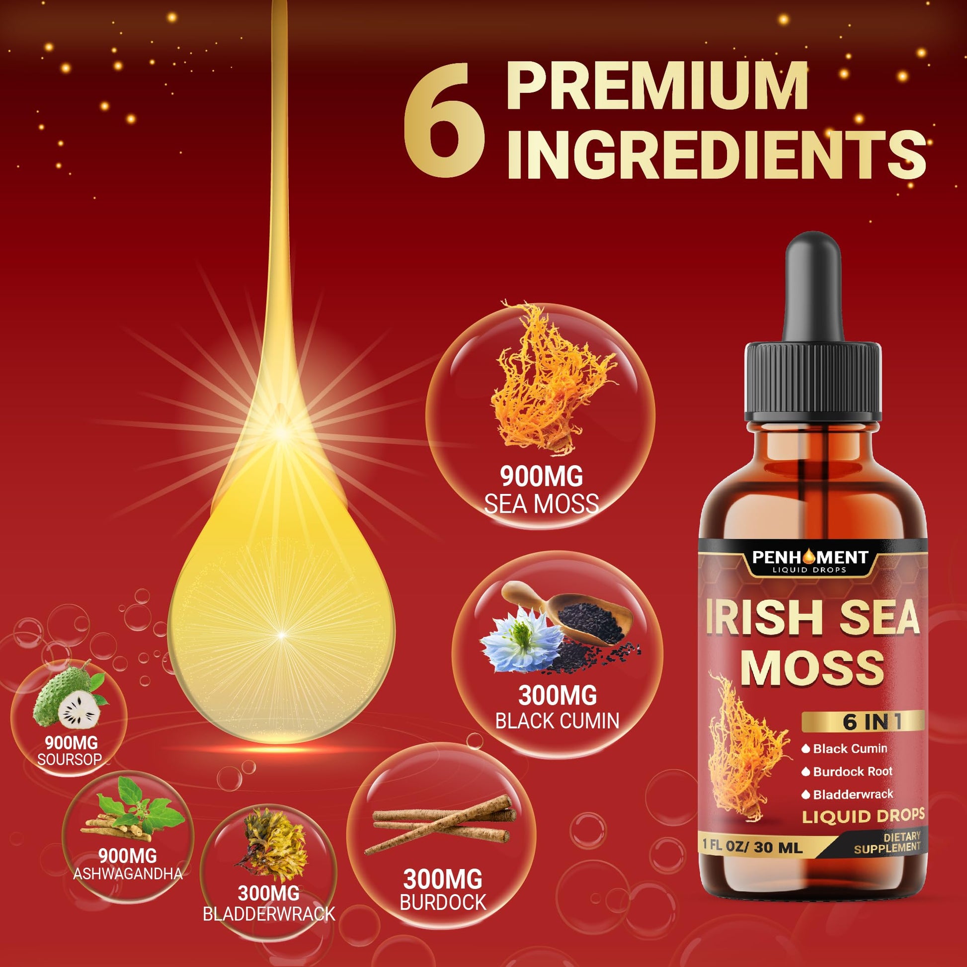 Penhoment 6in1 Sea Moss Drops with Black Seed Oil Irish Seamoss, Ashwagandha, Burdock Root & Bladderwrack - 1FL Oz - 30 Day Supply Penhoment buy supplements canada