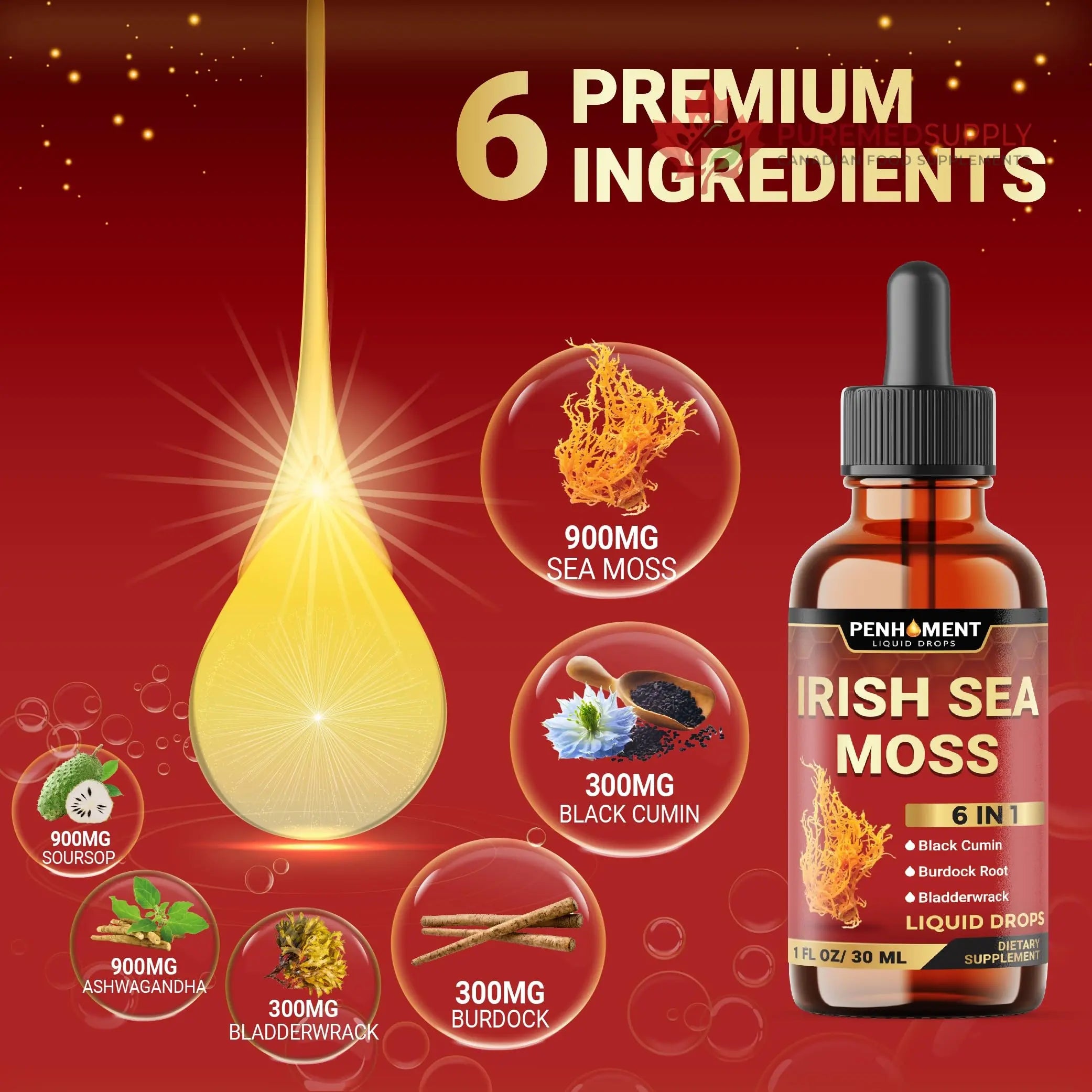 Penhoment 6in1 Sea Moss Drops with Black Seed Oil Irish Seamoss, Ashwagandha, Burdock Root & Bladderwrack - 1FL Oz - 30 Day Supply Penhoment buy supplements canada