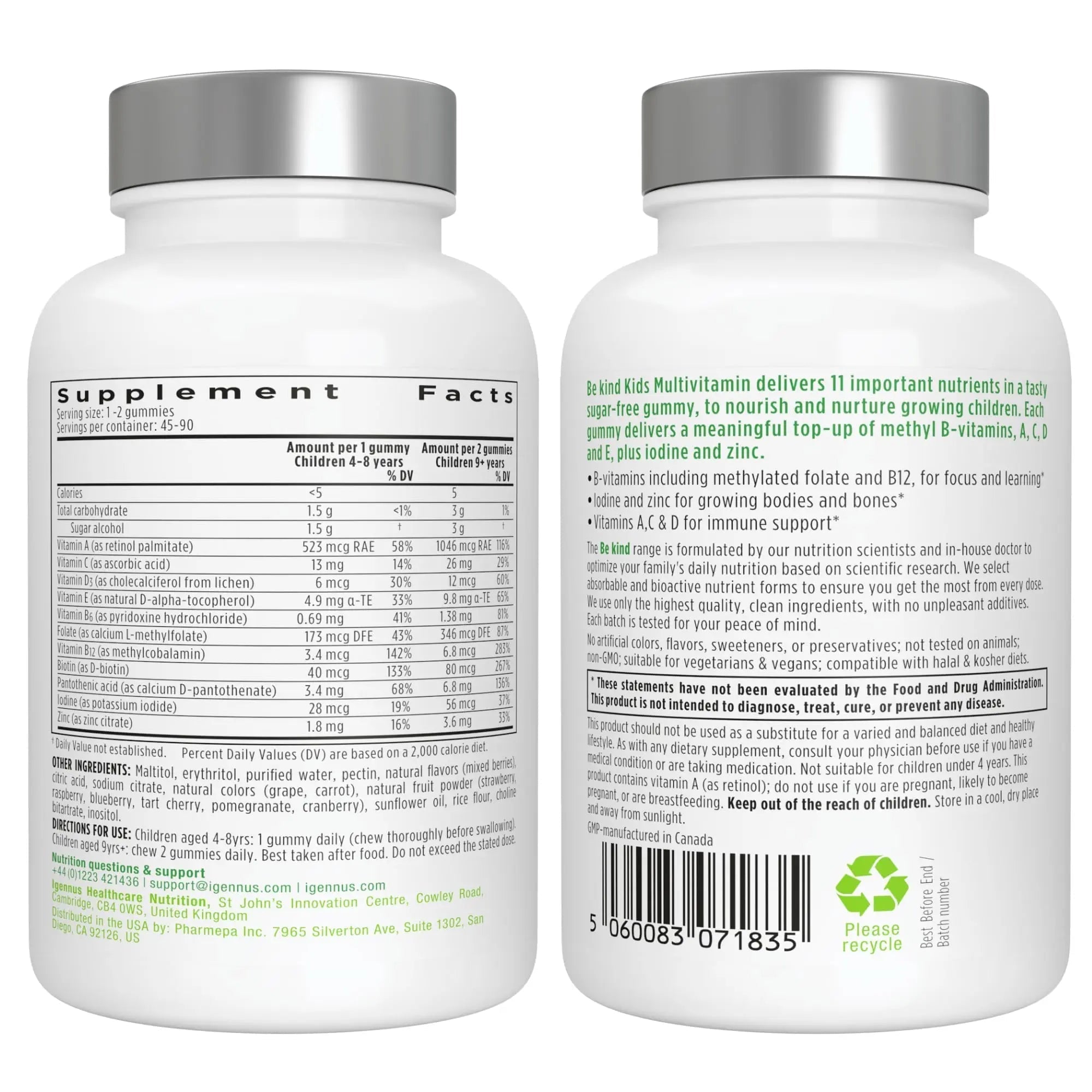 Igennus Methylated Kids Multivitamin Gummy, MTHFR, No Artificial Sweeteners or Flavors, Sugar Free, Age 4+, 90 Natural Berry Flavor Gummies Igennus Healthcare Nutrition buy supplements canada