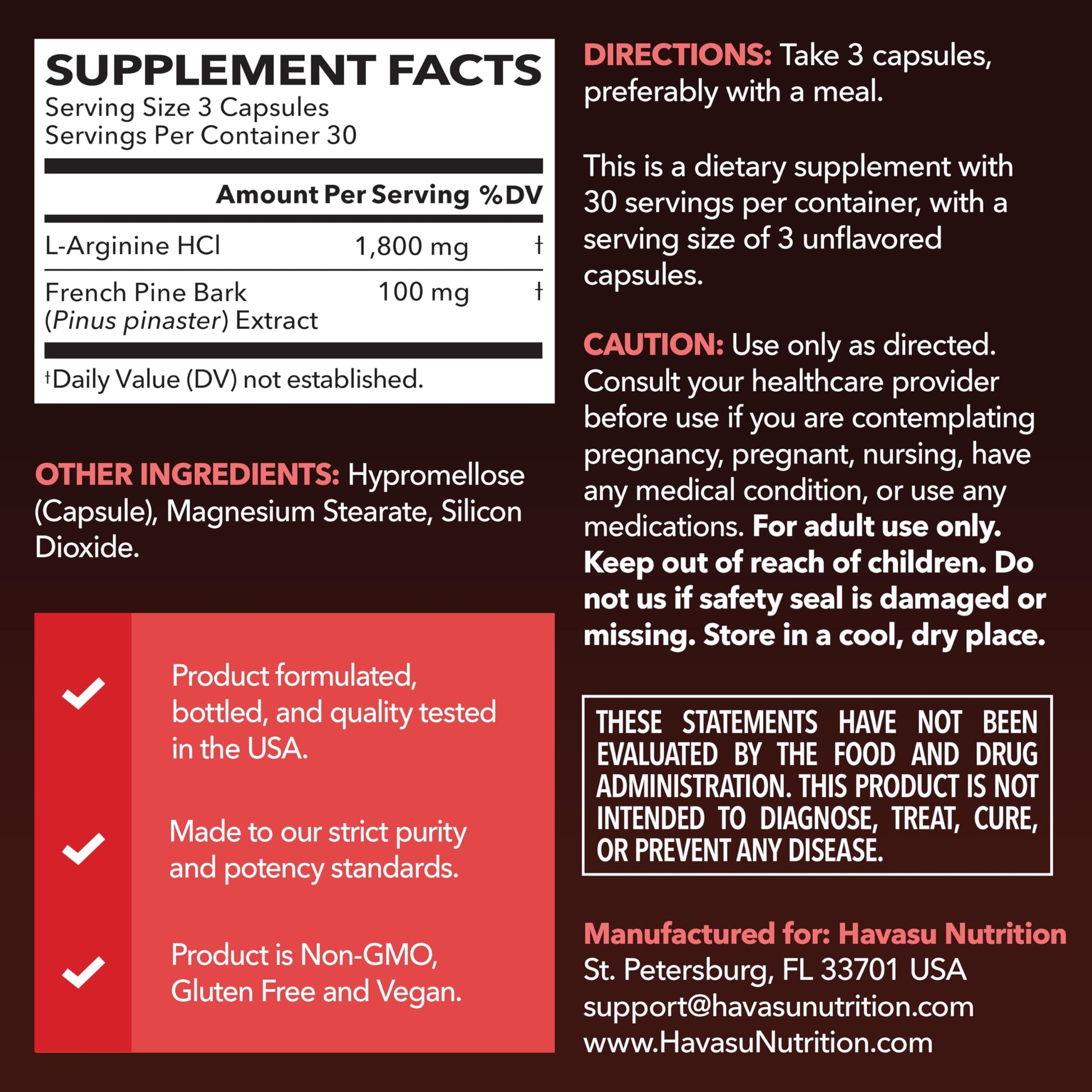 L-Arginine 1800mg and Pine Bark Extract 100mg - Nitric Oxide Supplement for Men - Performance Supplement for Men's Health - 90 Count - Endurance, Recovery Support HAVASU NUTRITION buy supplements canada