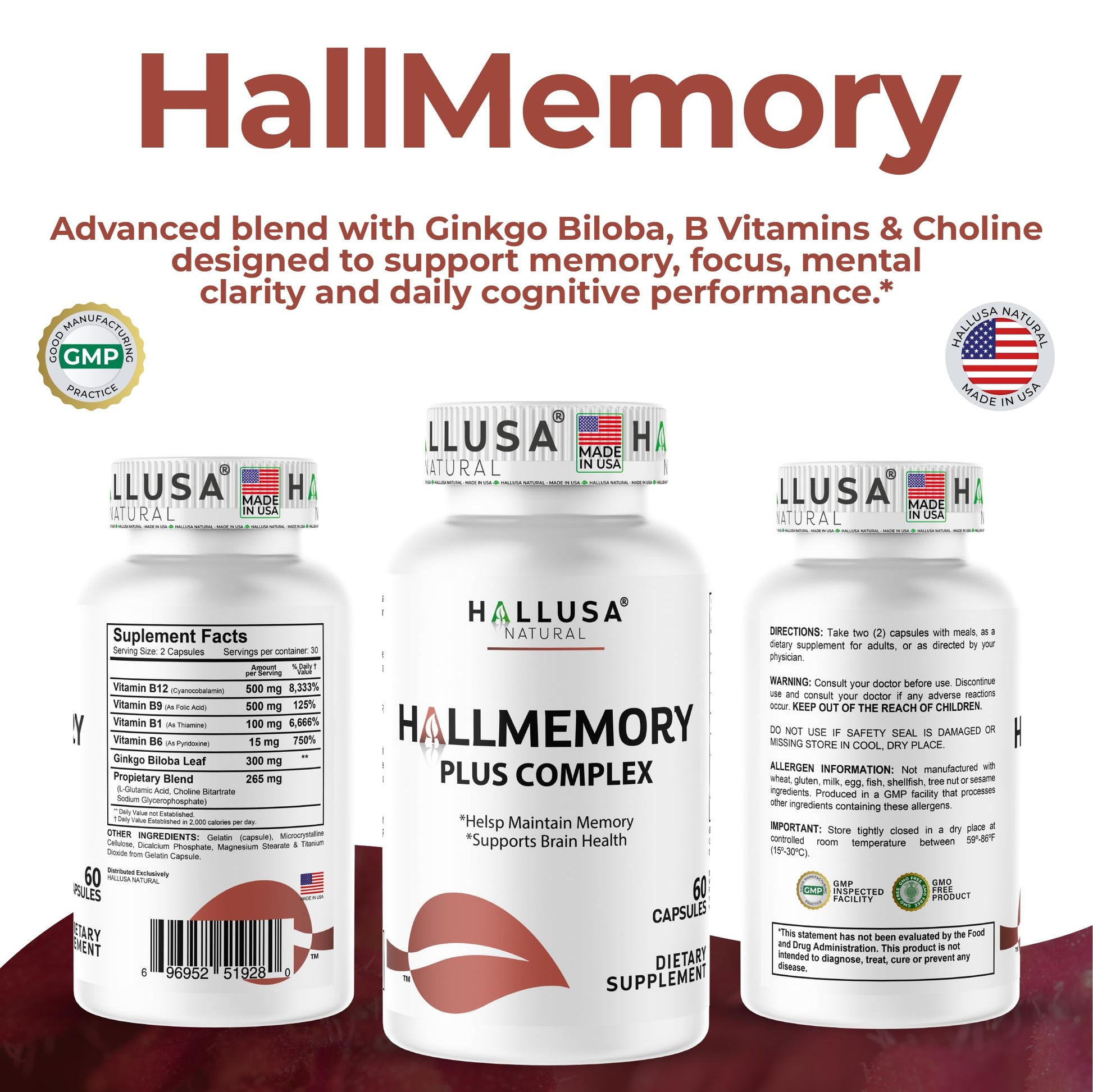 Hallusa Natural Brain Health Supplement Capsules 1680mg, Ginkgo Biloba, B Vitamins & Choline, Memory & Focus Support, Brain Booster for Men & Women, 60 Count Hallusa Natural buy supplements canada