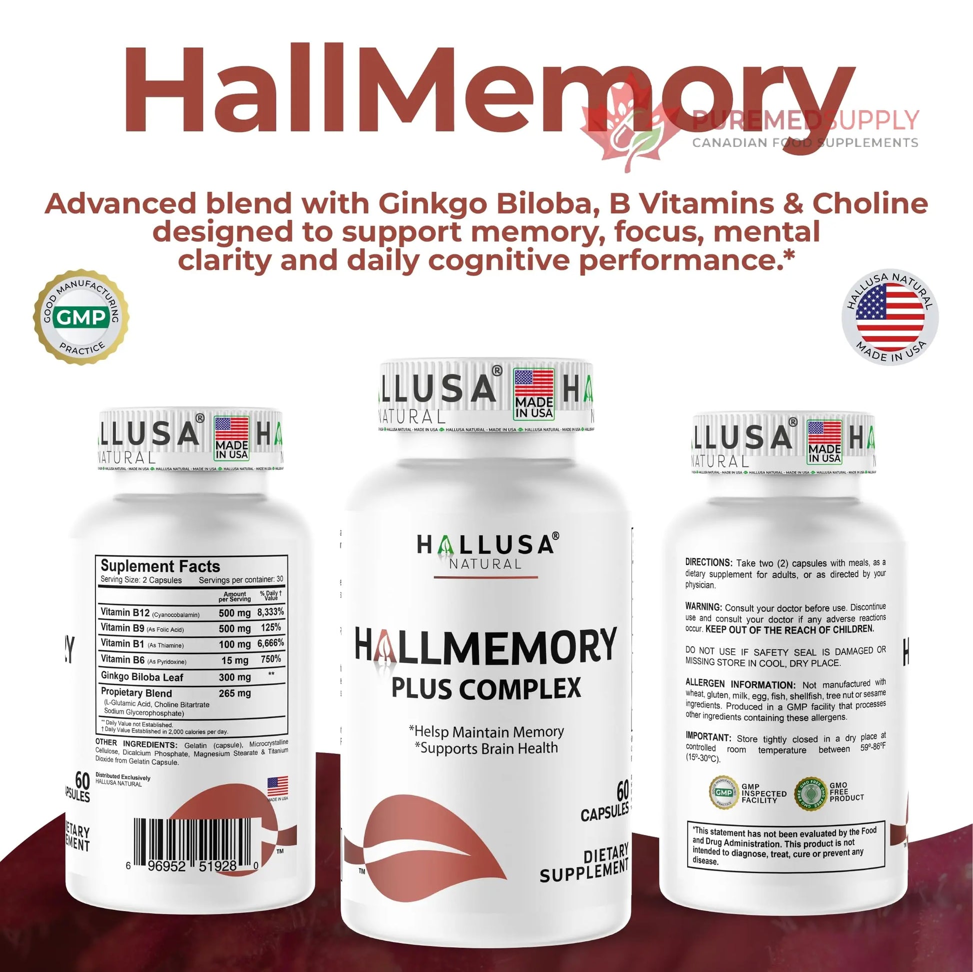 Hallusa Natural Brain Health Supplement Capsules 1680mg, Ginkgo Biloba, B Vitamins & Choline, Memory & Focus Support, Brain Booster for Men & Women, 60 Count Hallusa Natural buy supplements canada