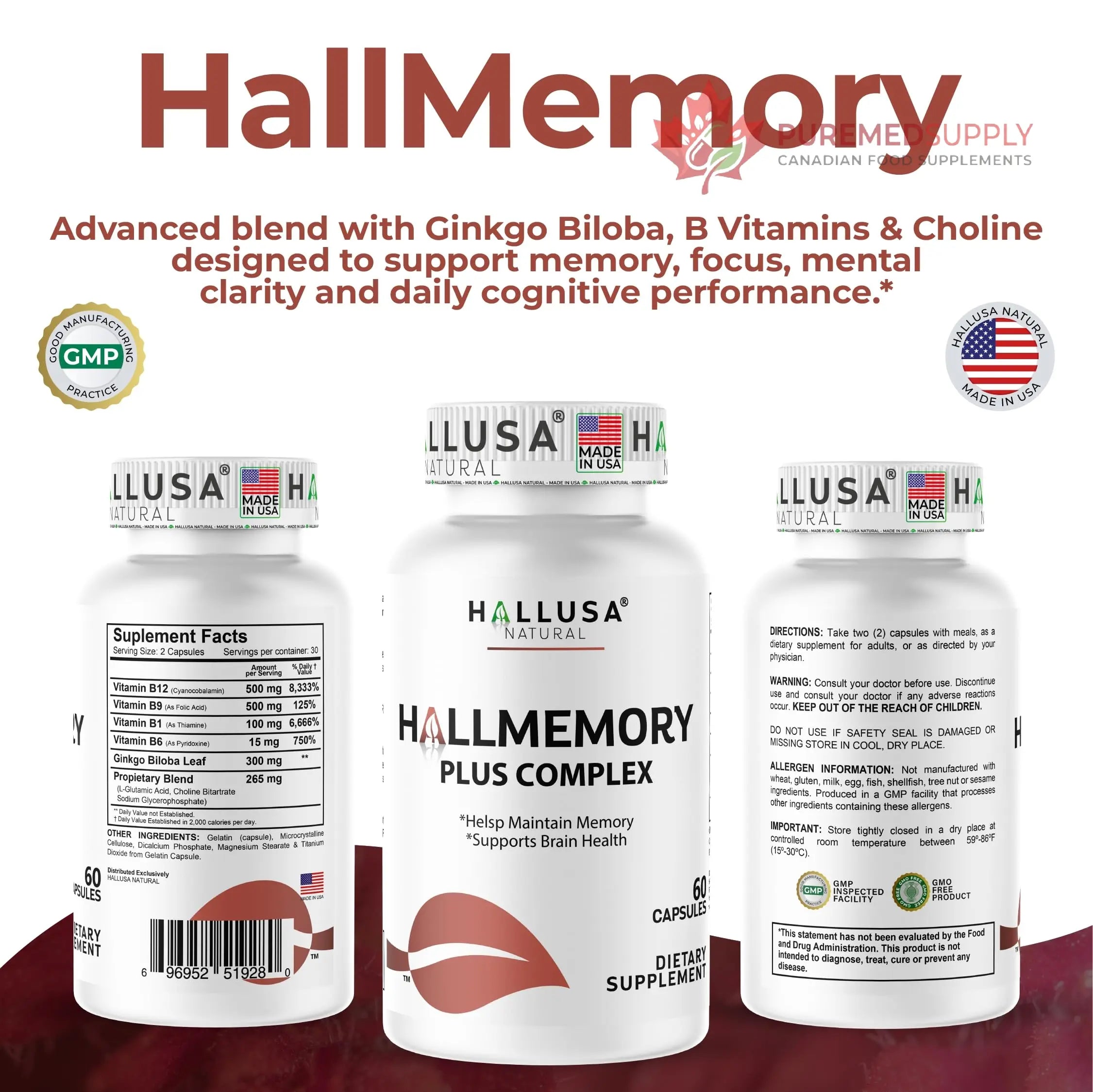 Hallusa Natural Brain Health Supplement Capsules 1680mg, Ginkgo Biloba, B Vitamins & Choline, Memory & Focus Support, Brain Booster for Men & Women, 60 Count Hallusa Natural buy supplements canada