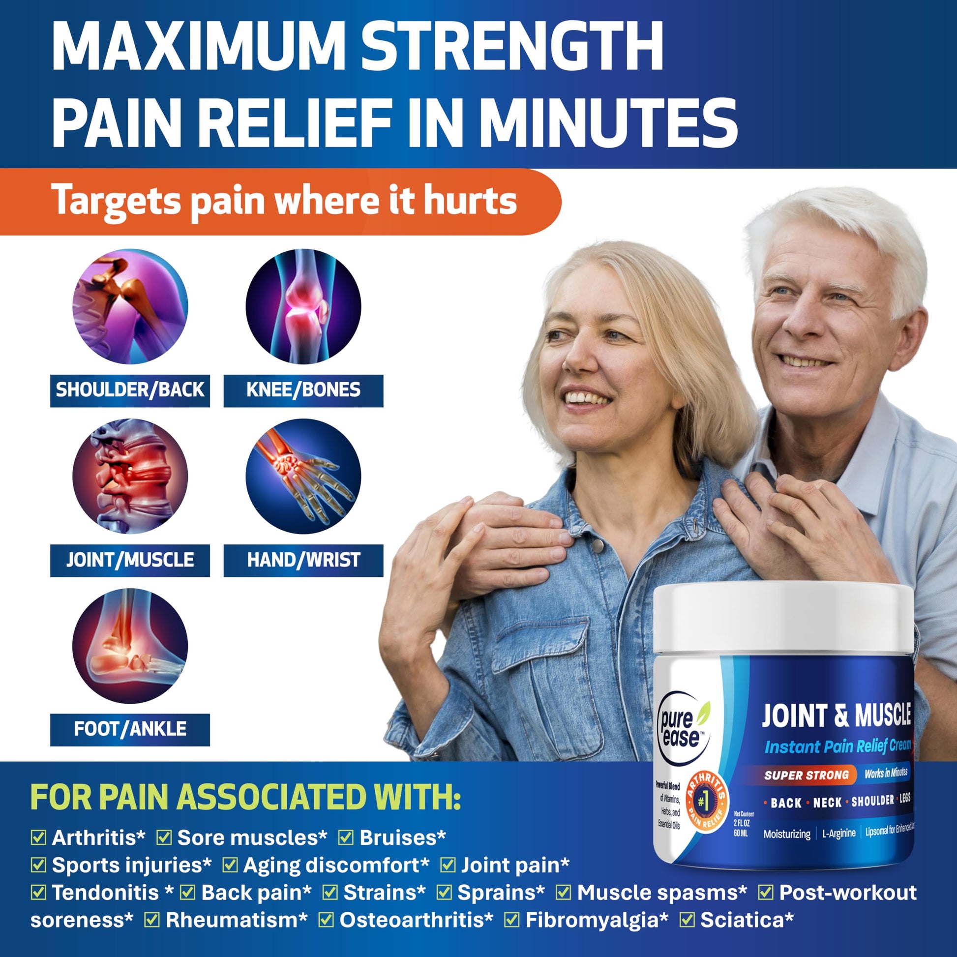 Pure Ease Arthritis Pain Relief Cream for Back 3 in 1 Maximum Instant Relief 2 OZ - Fast-Acting Muscle Pain Cream Extra Strength Joint & Knee - Powerful Formula for Neck Shoulder & Lower Back Pure Ease buy supplements canada