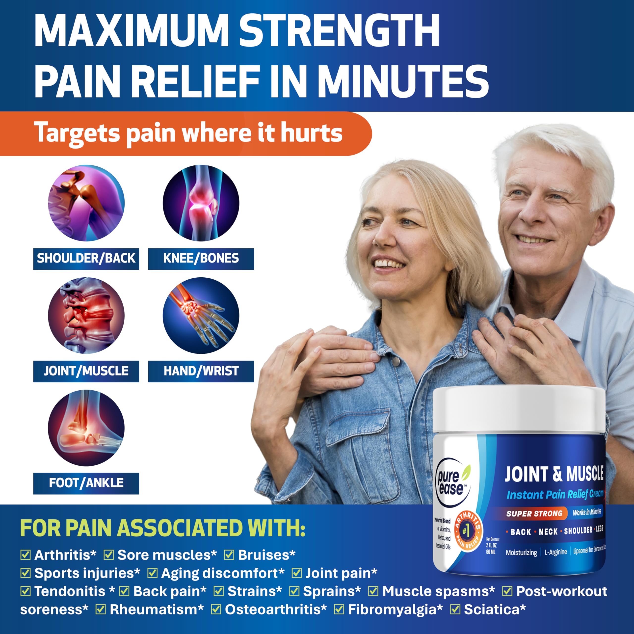 Pure Ease Arthritis Pain Relief Cream for Back 3 in 1 Maximum Instant Relief 2 OZ - Fast-Acting Muscle Pain Cream Extra Strength Joint & Knee - Powerful Formula for Neck Shoulder & Lower Back Pure Ease buy supplements canada