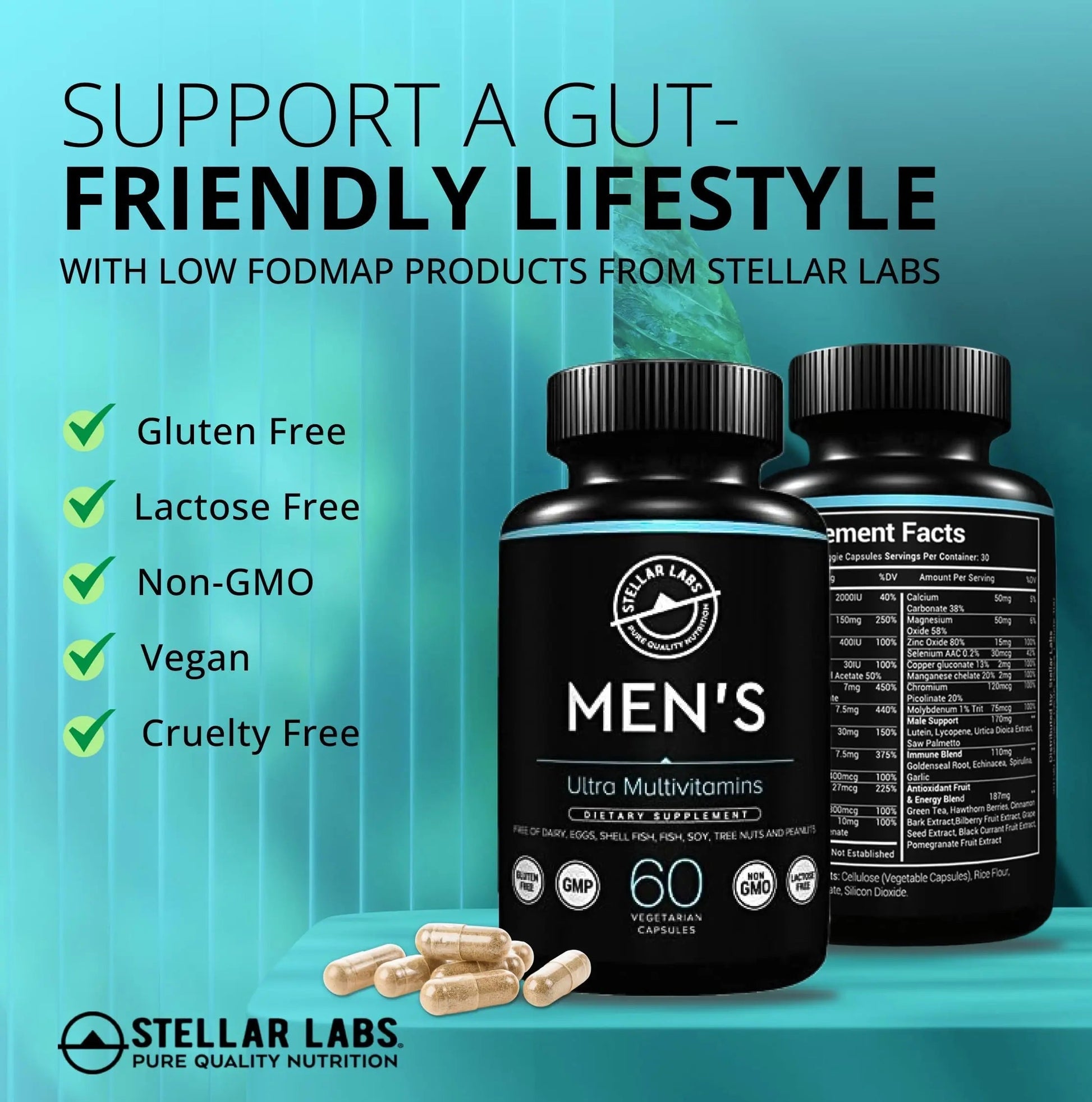 Stellar Labs Men's Low FODMAP Vegan Daily Multivitamin, No Iron | Easy On Sensitive Stomachs, Easy to Swallow Vitamins | Stellar Labs buy supplements canada