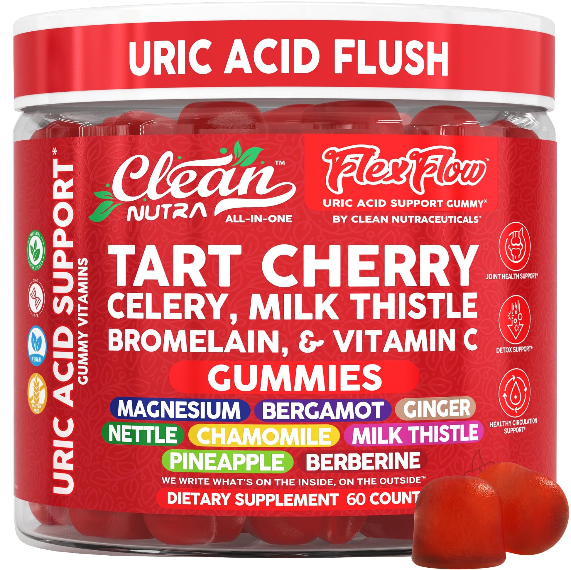 Clean Nutra Tart Cherry Gummies Uric Acid Flush Celery Milk Thistle Bromelain Vitamin C Magnesium Citrus Bergamot Ginger Stinging Nettle Leaf Chamomile Berberine Quercetin Support 60 Gummy Vitamins Clean Nutraceuticals buy supplements canada