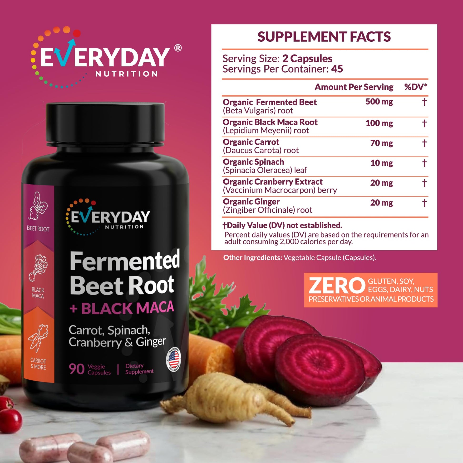 EVERYDAY NUTRITION Organic Fermented Beet Root & Black Maca Capsules with Carrot, Spinach, Cranberry & Ginger | Superfood for Energy, Stamina & Wellness | 90 Veggie Capsules | Made in USA EVERYDAY NUTRITION buy supplements canada