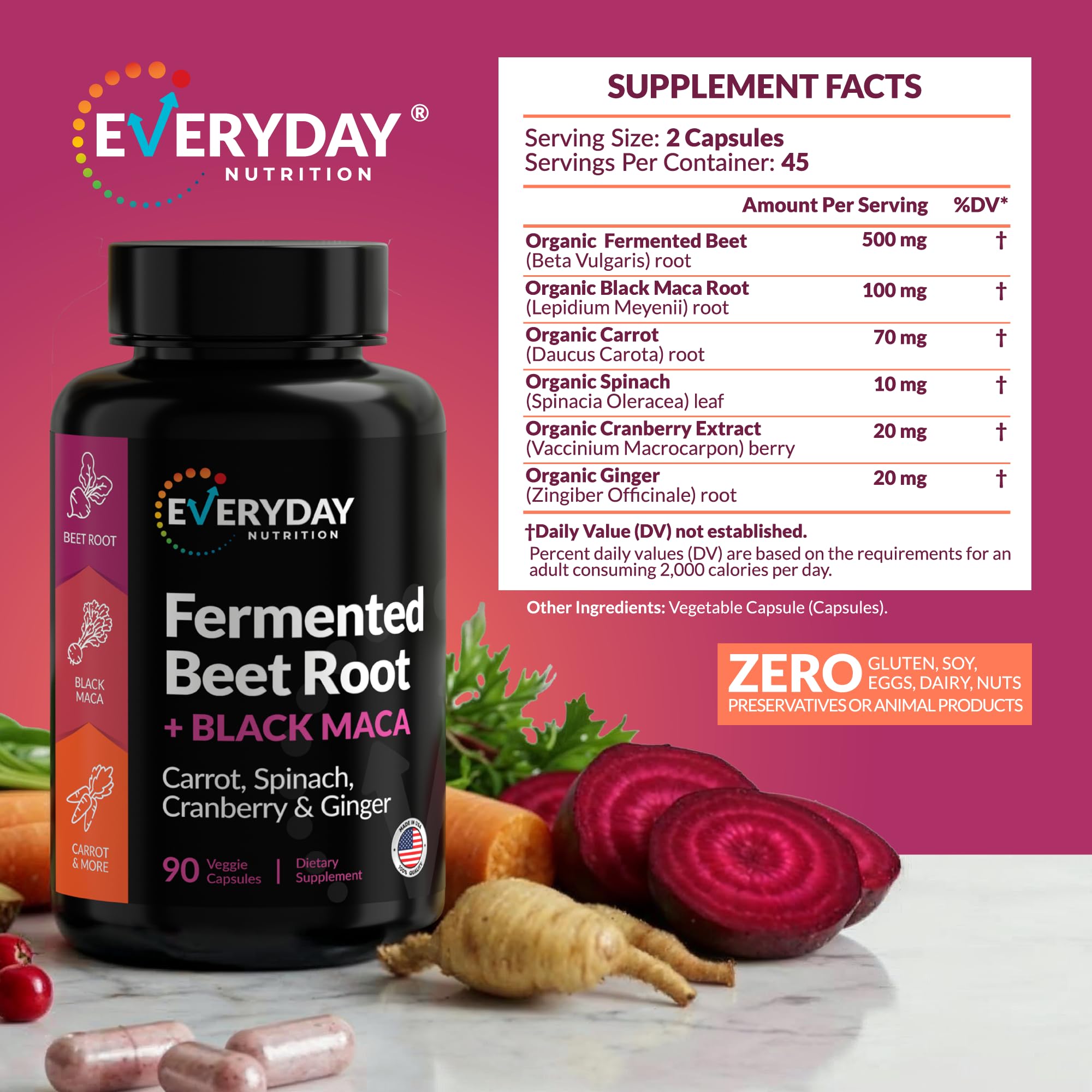 EVERYDAY NUTRITION Organic Fermented Beet Root & Black Maca Capsules with Carrot, Spinach, Cranberry & Ginger | Superfood for Energy, Stamina & Wellness | 90 Veggie Capsules | Made in USA EVERYDAY NUTRITION buy supplements canada