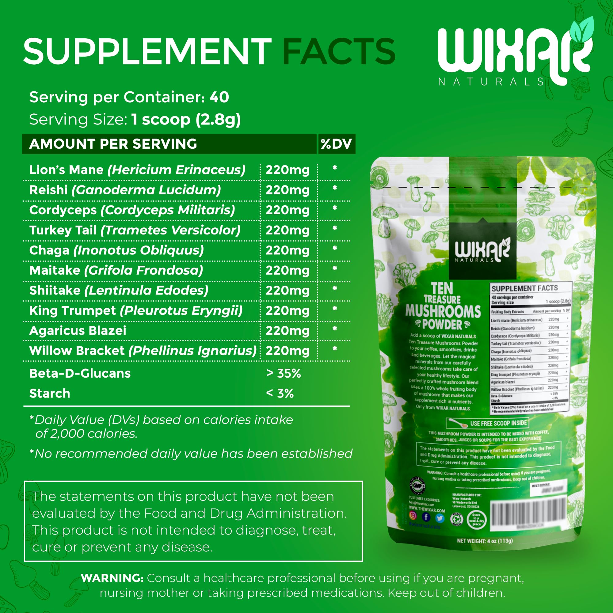 Wixar Mushroom Powder - Ten Treasure Mushrooms Extract Supplement Blend for Coffee WIXAR NATURALS buy supplements canada