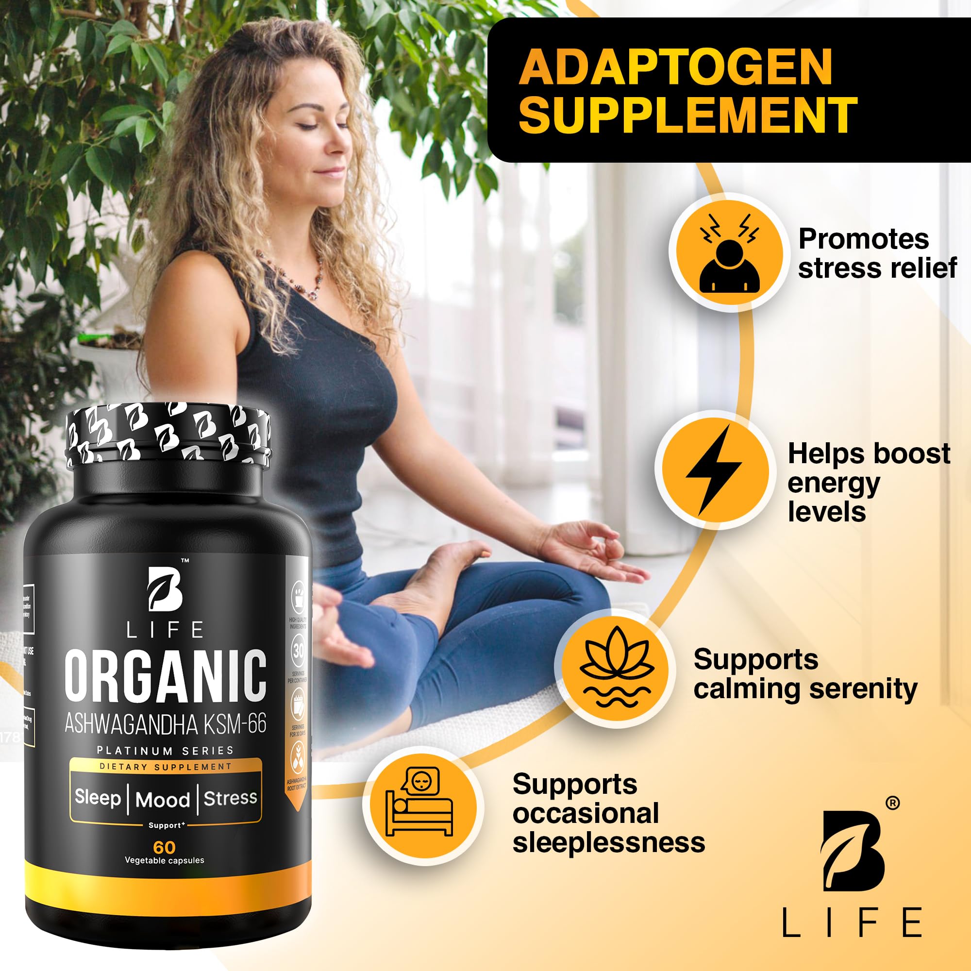 Organic Ashwagandha KSM-66 1000 mg Supplement | Adaptogen for Cortisol Support & Stress Relief | Mood, Calm & Sleep Aid for Men & Women | Ashwagandha ritual vitamins for women | 60 Vegan Caps B Life Company buy supplements canada