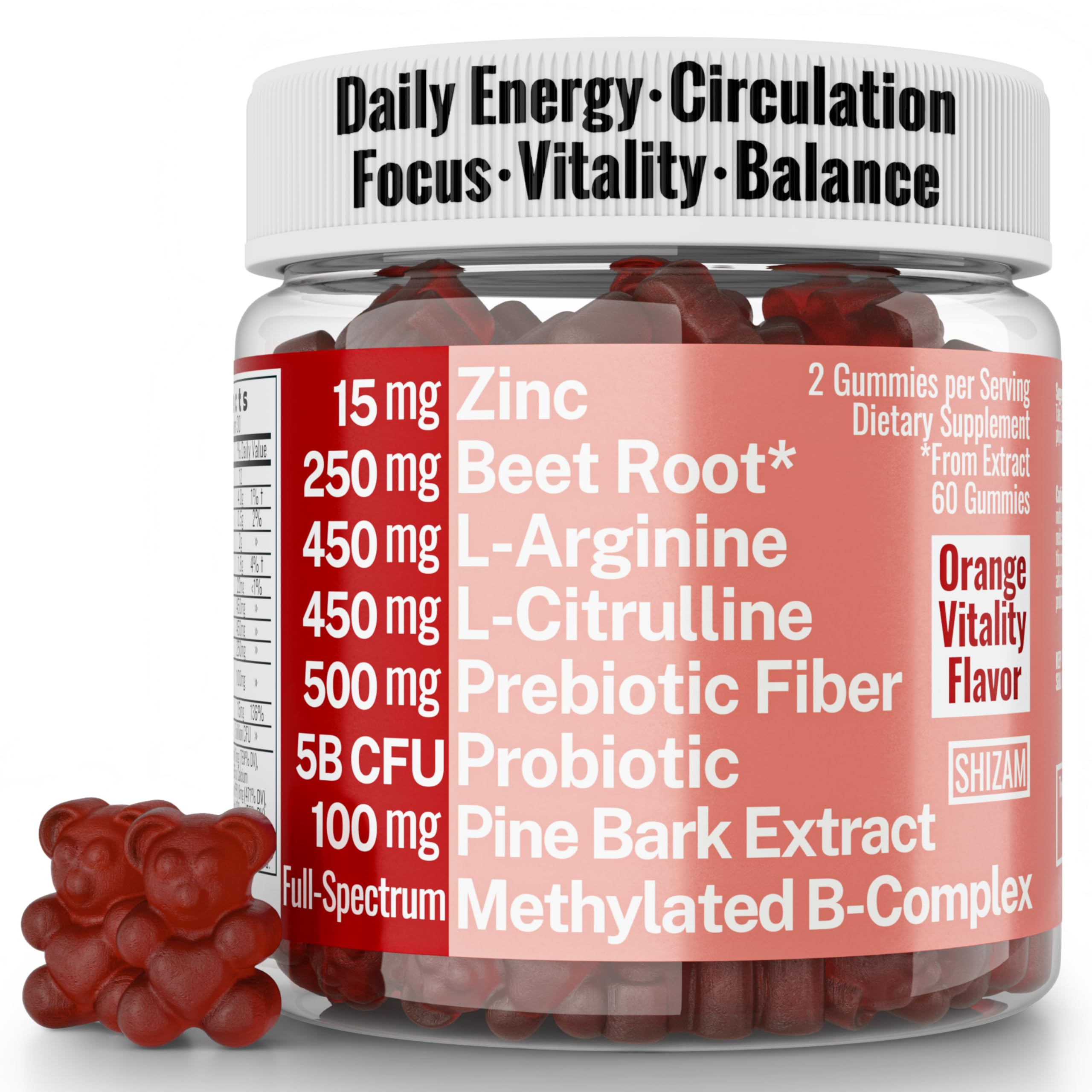 Pine Bark Extract L-Arginine L-Citrulline Beetroot Probiotic Fiber Methylated B Complex Zinc Gummies for Women Men Adults Kids w. Chicory Root Inulin 5-MTHF B6 P5P Powder Capsule Pill Supplement Alt SHIZAM buy supplements canada