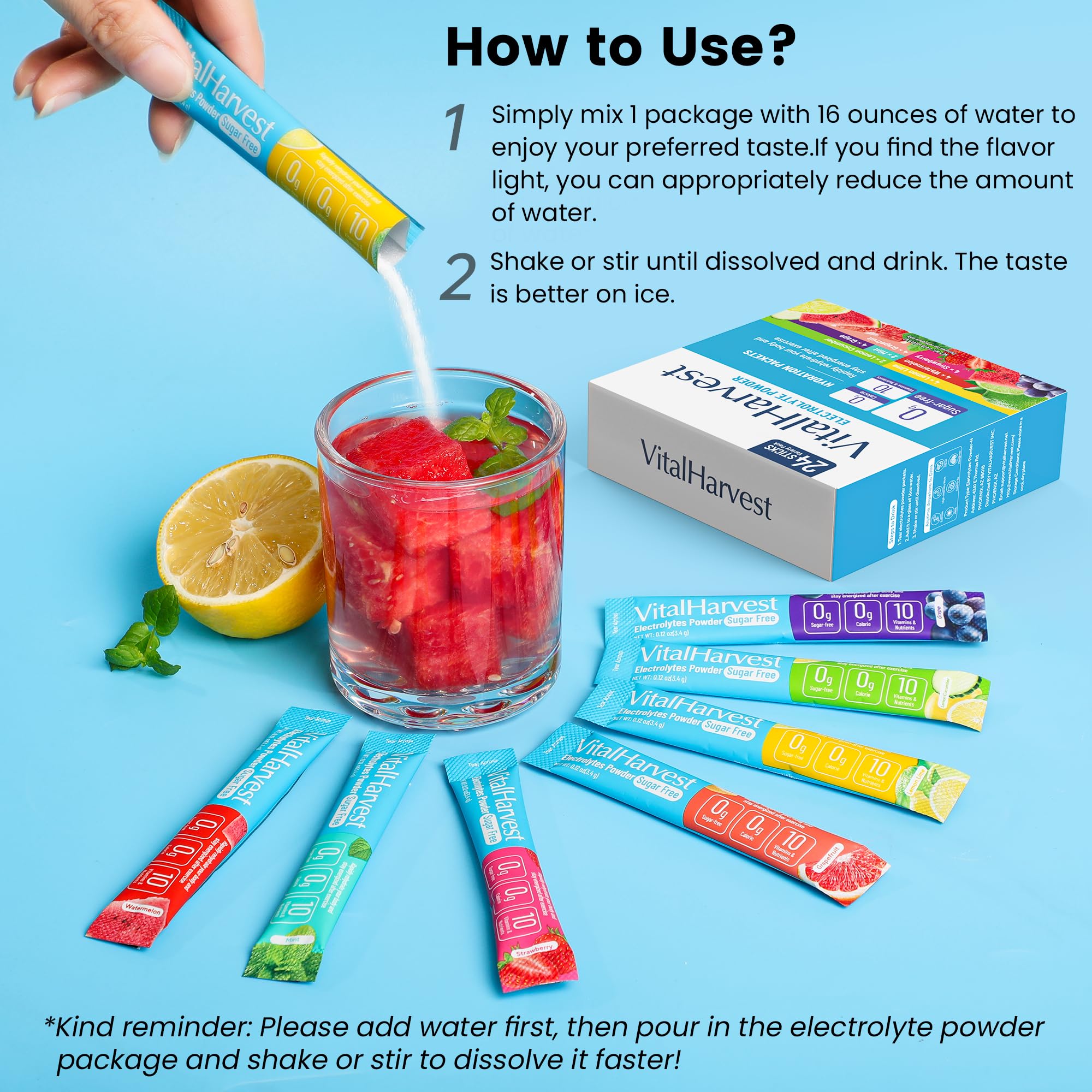 24 Sticks Electrolytes Powder Packets 7 Flavors Sugar Free Hydration Packets Liquid Daily IV Drink Mix, Low Sodium, Lemon Lime, Watermelon, Strawberry, Grape VitalHarvest buy supplements canada