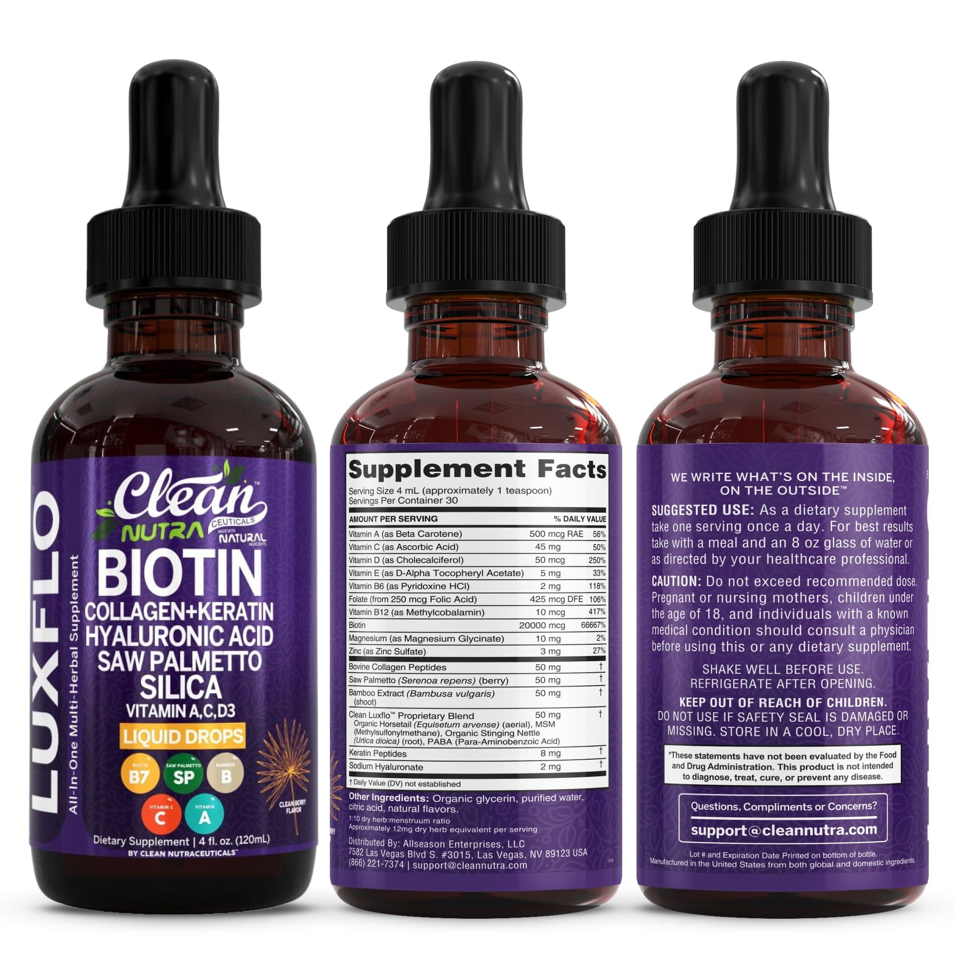Liquid Biotin & Collagen Keratin Hyaluronic Acid Saw Palmetto Drops Vitamins for Hair Growth Support Silica Vitamin A C D Bamboo Turmeric Zinc Folate Magnesium Horsetail LuxFlo By Clean Nutra Clean Nutraceuticals buy supplements canada