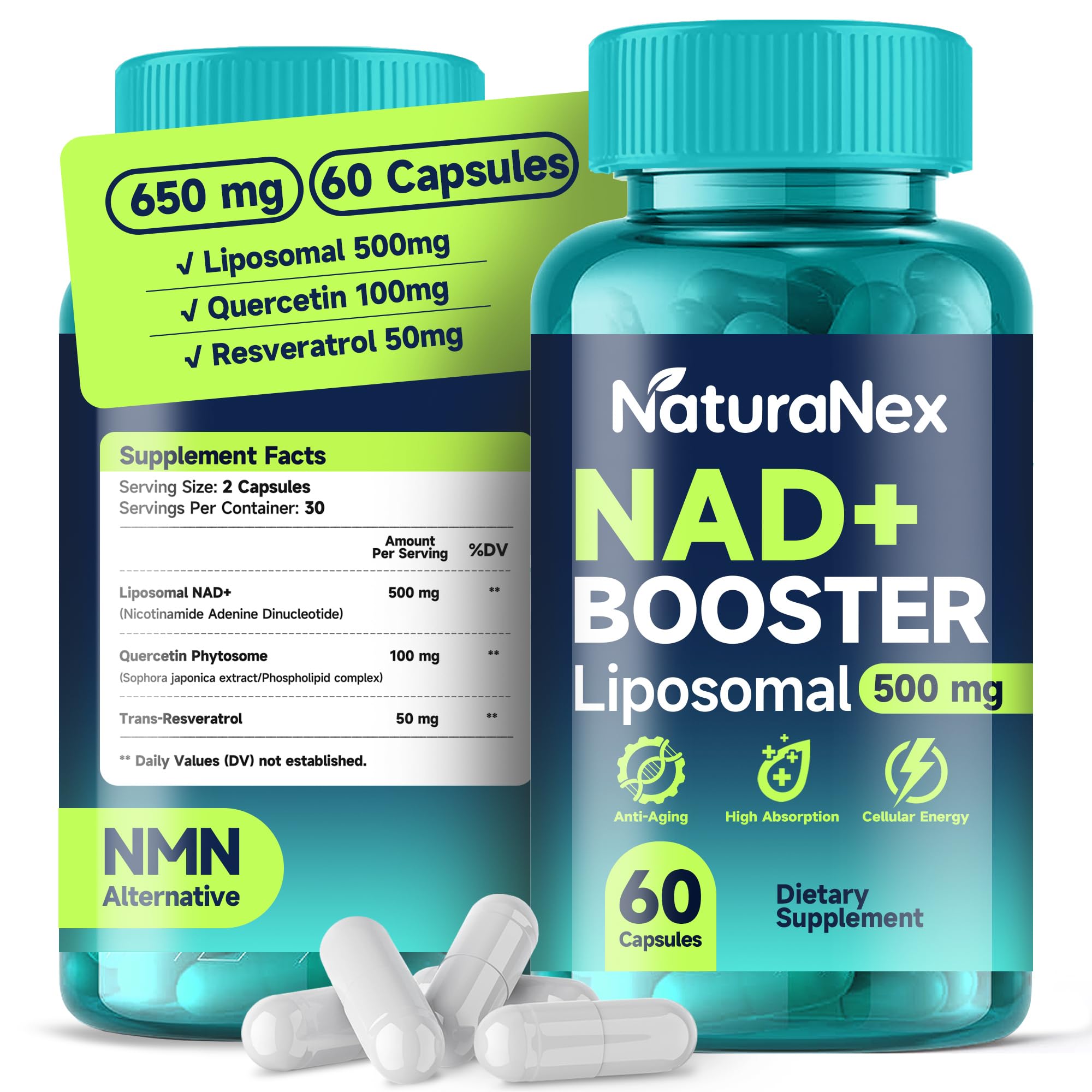 NaturaNex NAD+ Supplement 650mg (60 Capsules), Liposomal NAD+ with Resveratrol & Quercetin, Third-Party Tested, NMN Supplement Alternative NaturaNex buy supplements canada