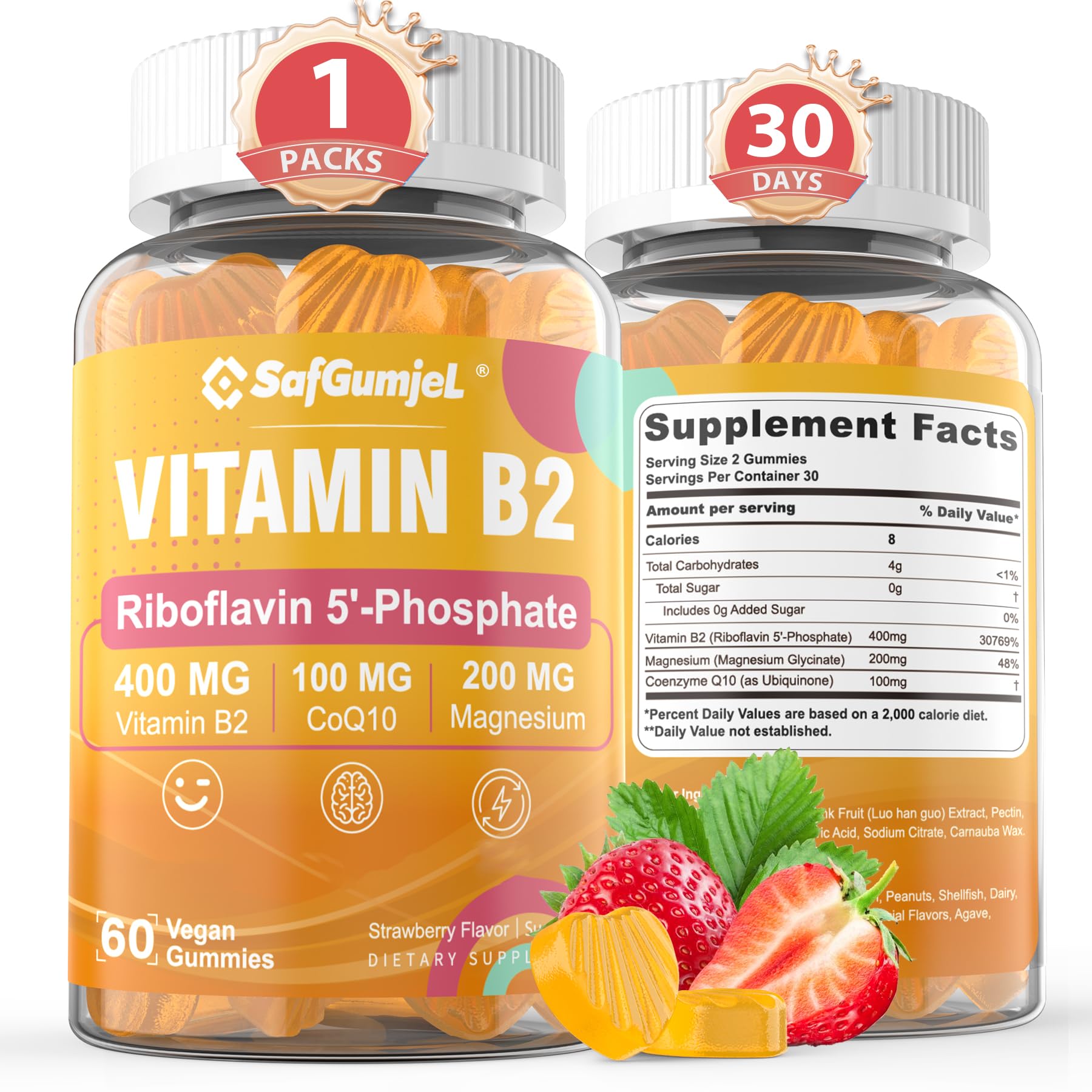 Safgumjel Vitamin B2 Gummies | Riboflavin 400mg with Magnesium & CoQ10 for Migraine Relief & Headache Relief | Sugar Free, Vegan, Strawberry Flavor, 60 Count Safgumjel buy supplements canada