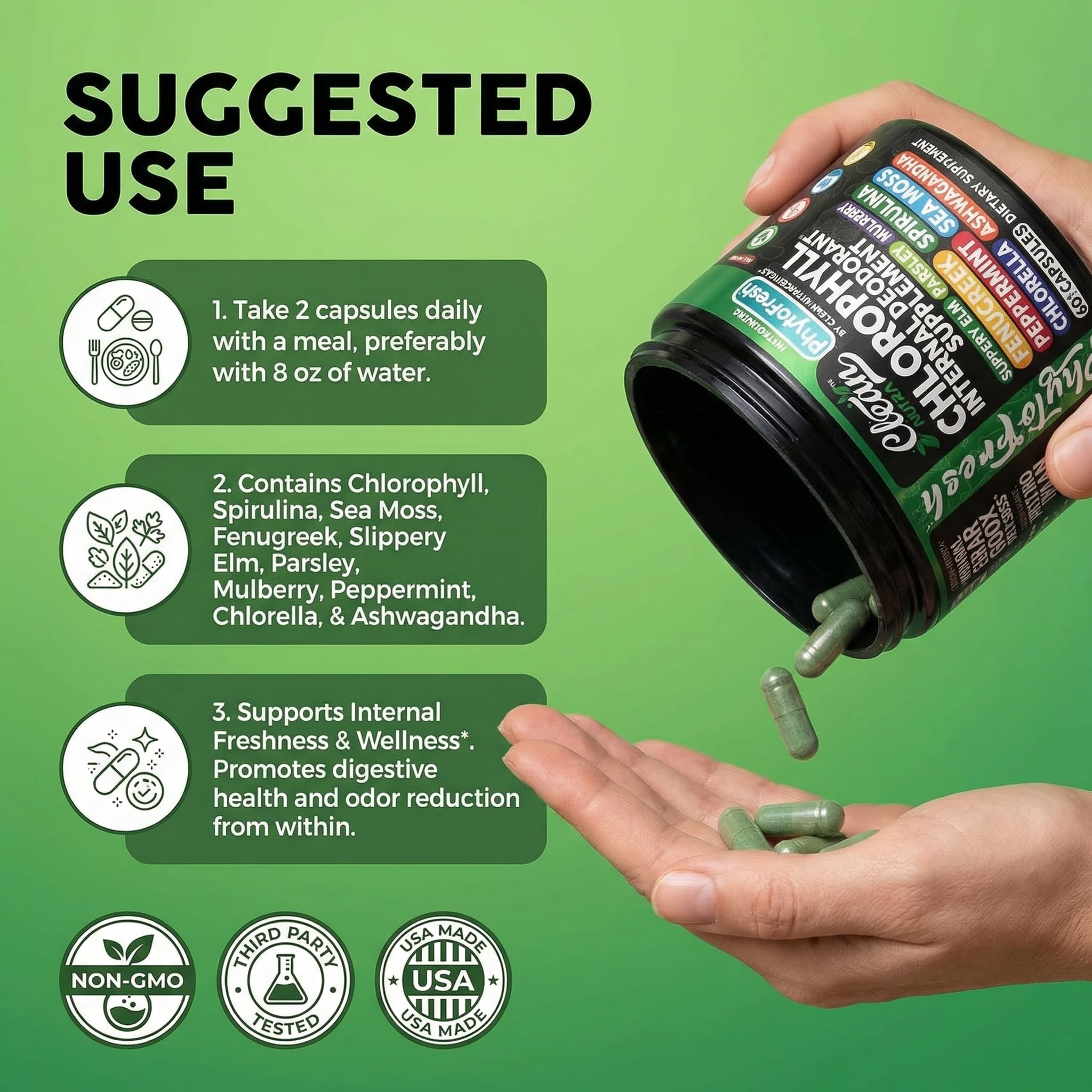 Clean Nutra Chlorophyll Capsules Supplement Internal Deodorant Peppermint, Sea Moss, Parsley, Chlorella, Spirulina, Slippery Elm, Ashwagandha, PhytoFresh Greens Detox Pills Clean Nutraceuticals buy supplements canada