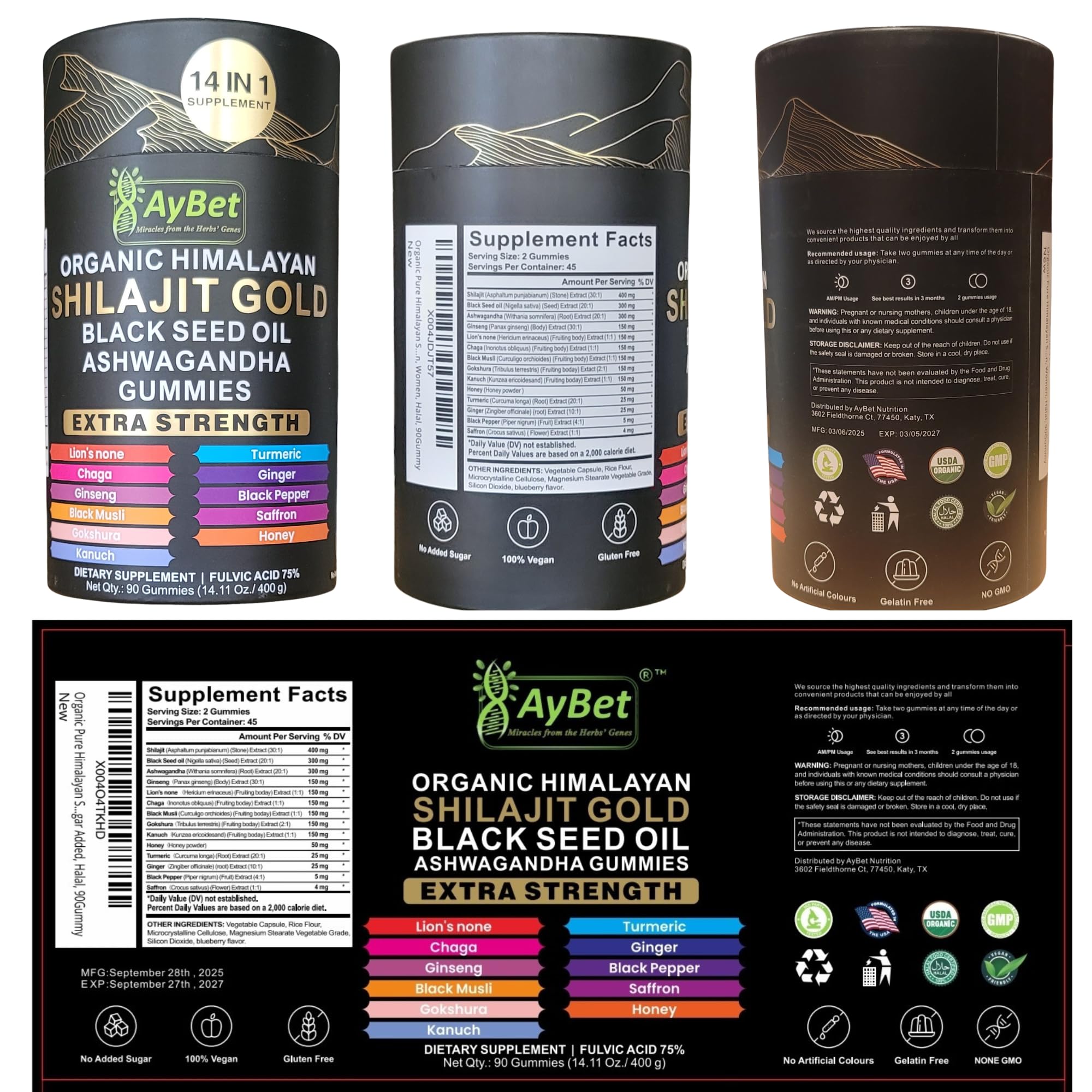 AyBet Organic Himalayan Shilajit Gold Gummies for Men and Women, Black Seed Oil, Ashwagandha, Ginseng, Turmeric, Gokshura, Lion's None, Lab Tested,%75 Fulvic Acid, No Sugar Added, Halal, 90Gummy AyBet buy supplements canada