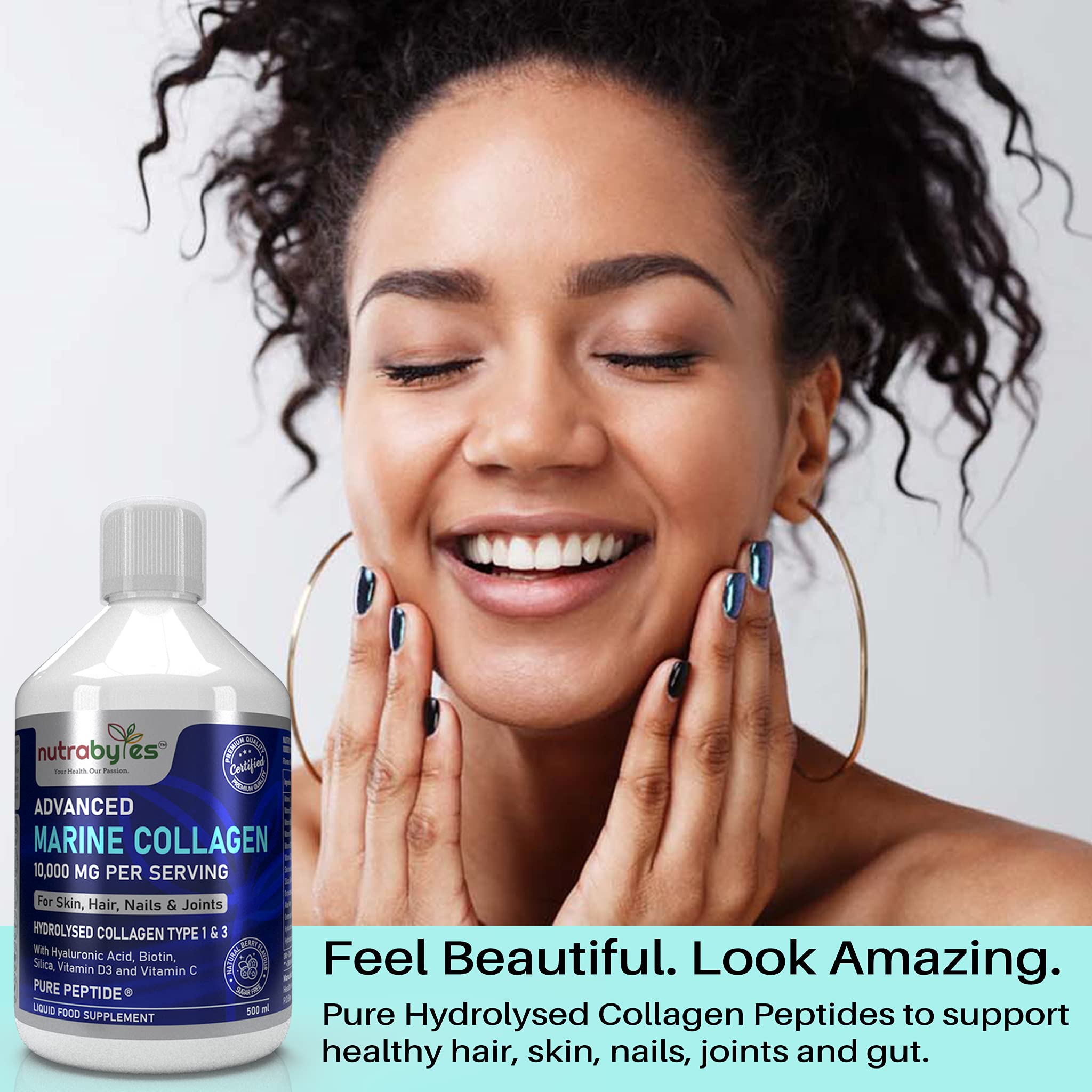 Marine Collagen Liquid 10000mg Sugar Free, Hydrolysed Peptides | Hyaluronic Acid, Biotin, Silica, Vitamin C, Vitamin D3 NUTRABYTES buy supplements canada